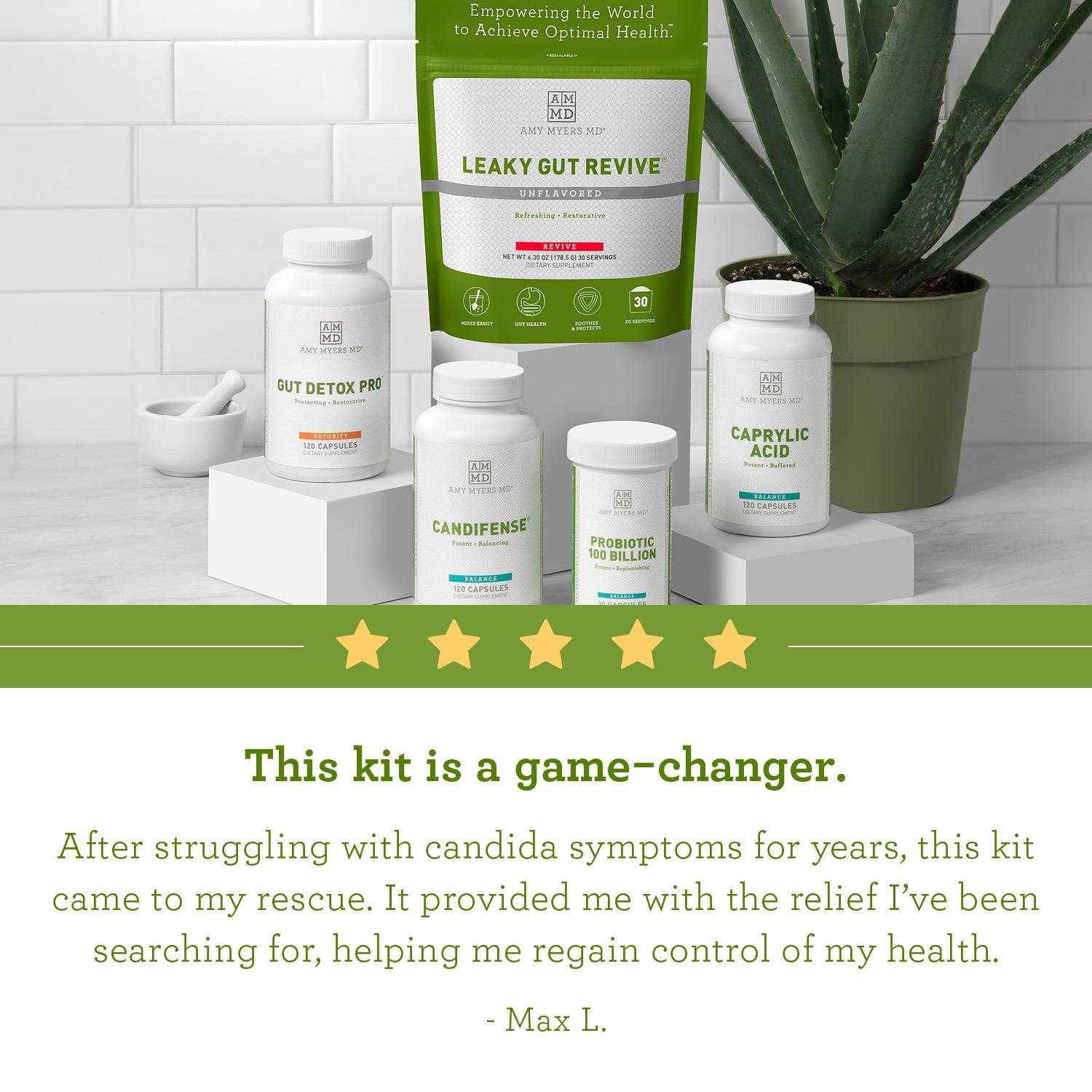 Customer review: "This kit is a game-changer. After struggling with candida symptoms for years, this kit came to my rescue. It provided me with the relief I've been searching for, helping me regain control of my health." -Max L.