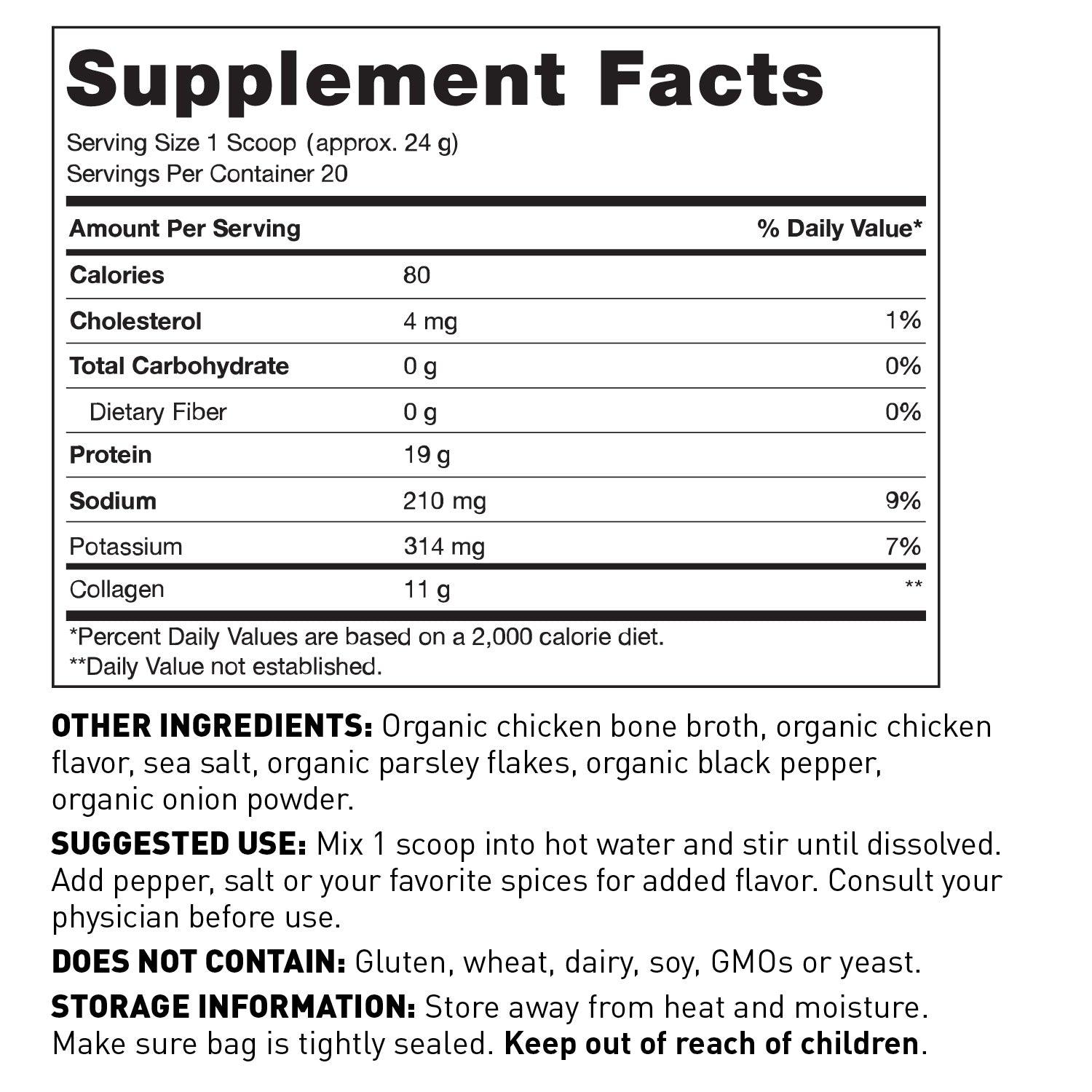 Chicken Bone Broth supplement facts.