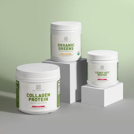 The products in Dr. Myers' Favorite Dink Kit: Collagen Protein, Leaky Gut Revive, and Organic Greens