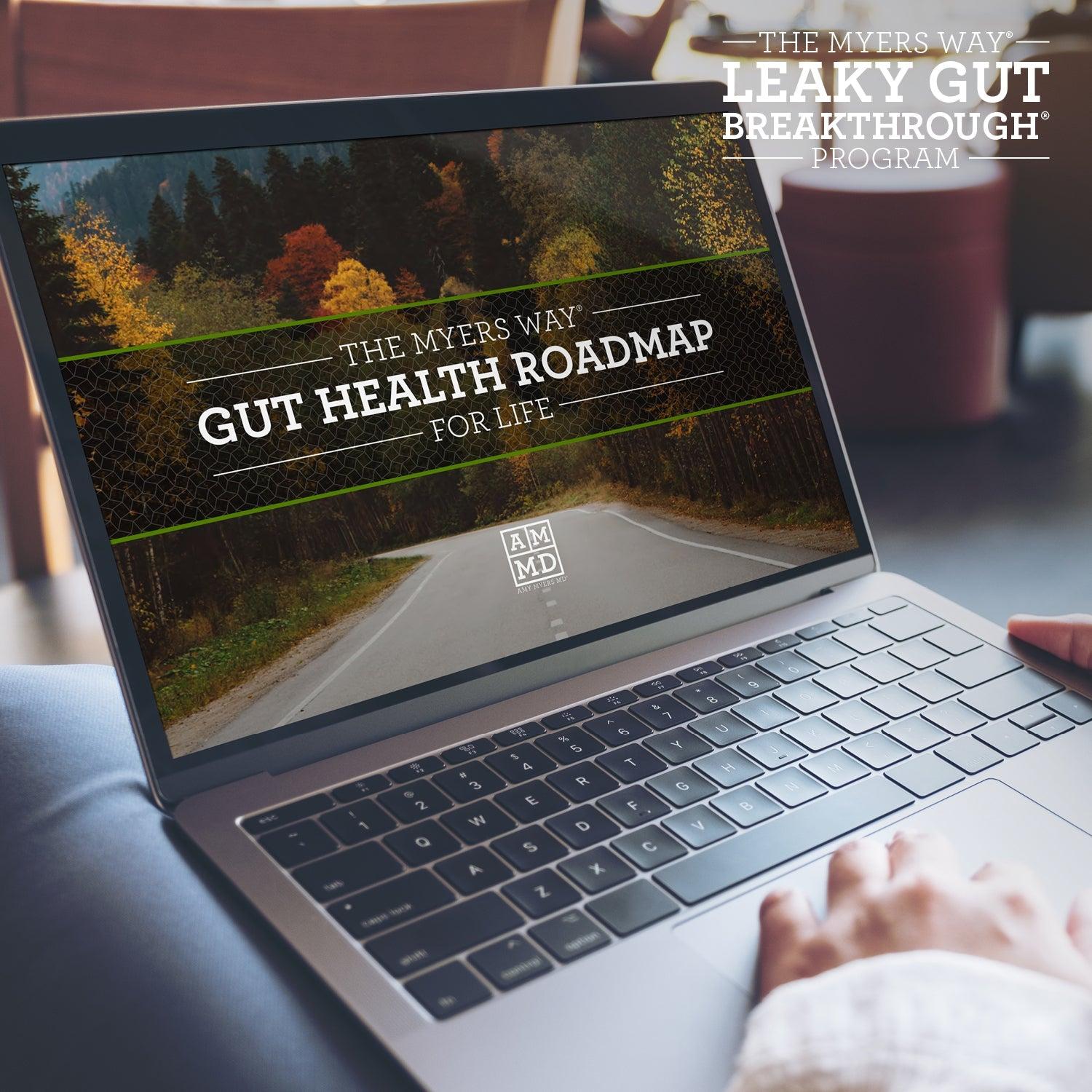 A Woman views the Leaky Gut Breakthrough Program Gut Health Roadmap on a laptop computer - Amy Myers MD®
