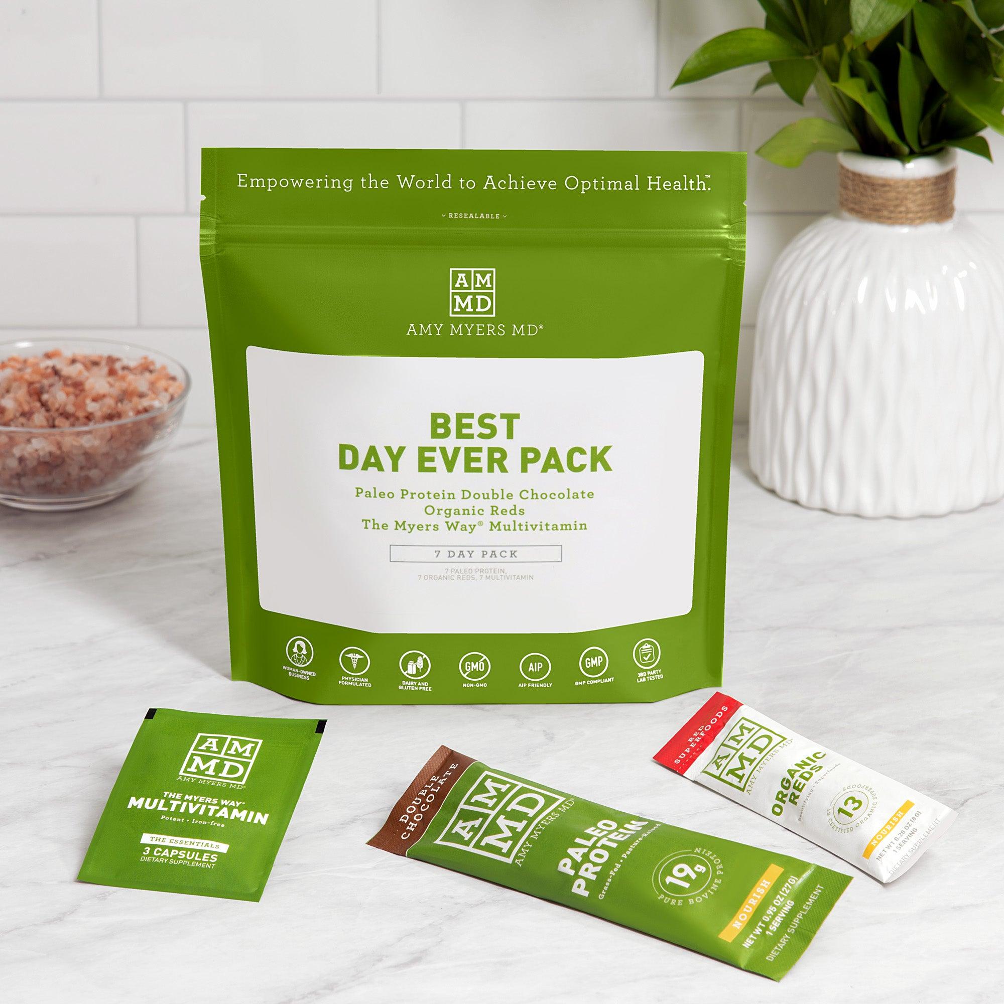 A pouch of the Best Day Ever Pack with individual single serve packets of Paleo Protein Double Chocolate, Organic reds, and The Myers Way® Mutlivitamin - Featured Product Image - Amy Myers MD