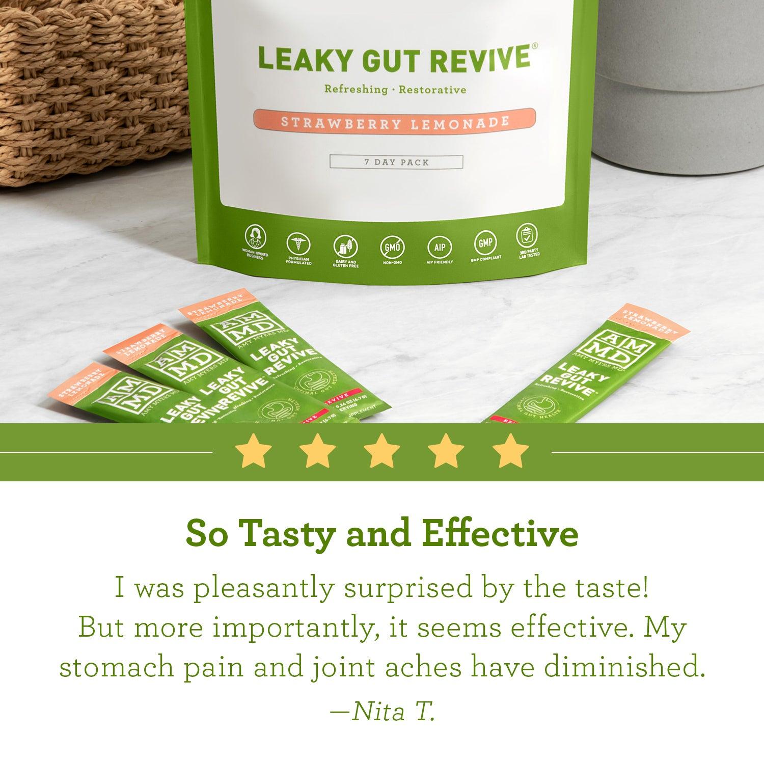A pouch of  Leaky Gut Strawberry Lemonade 7 Day Pack with single serve packets - Review Image - Amy Myers MD