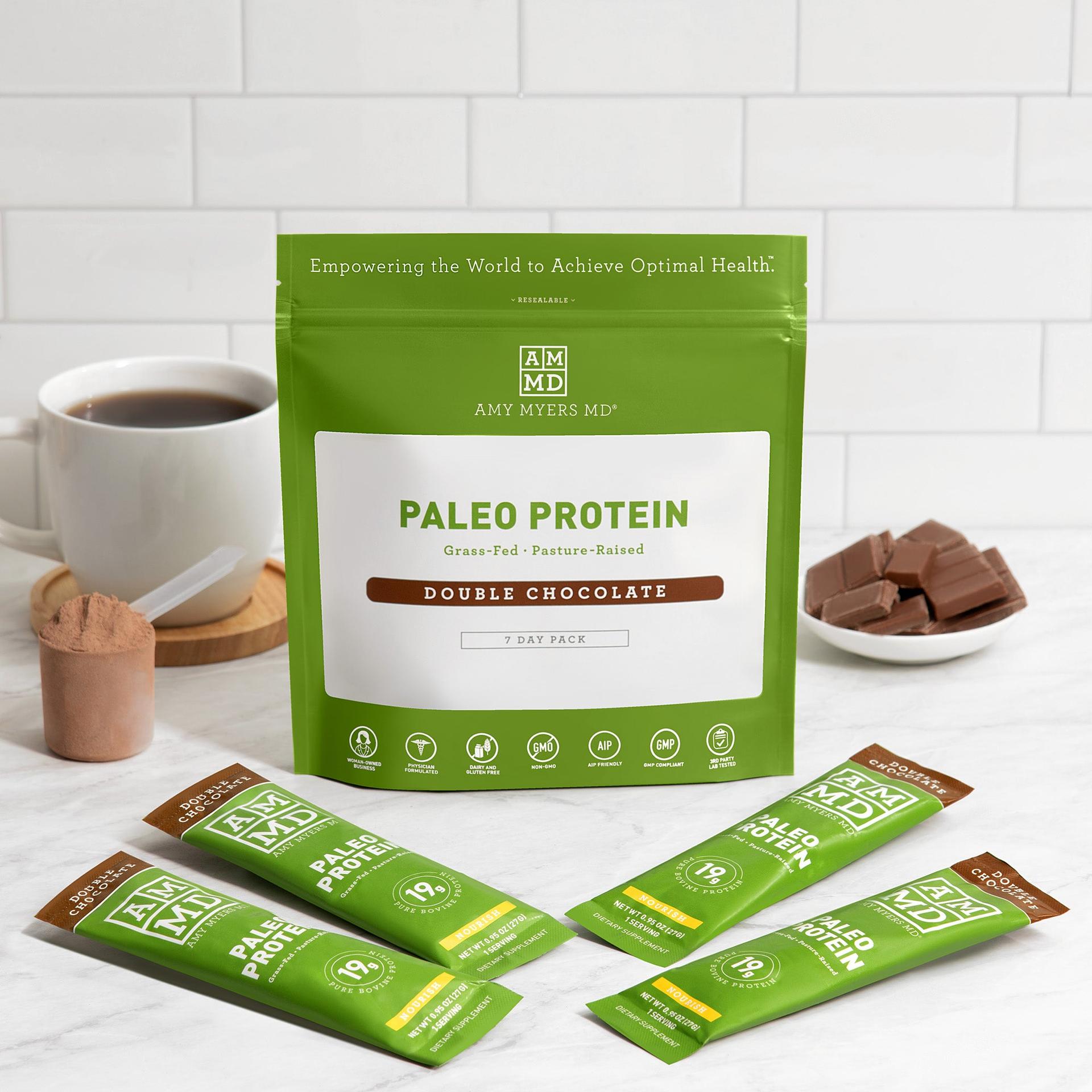 A pouch of Paleo Protein - Double Chocolate 7 Day Pack with single serving packets - Featured Image - Amy Myers MD