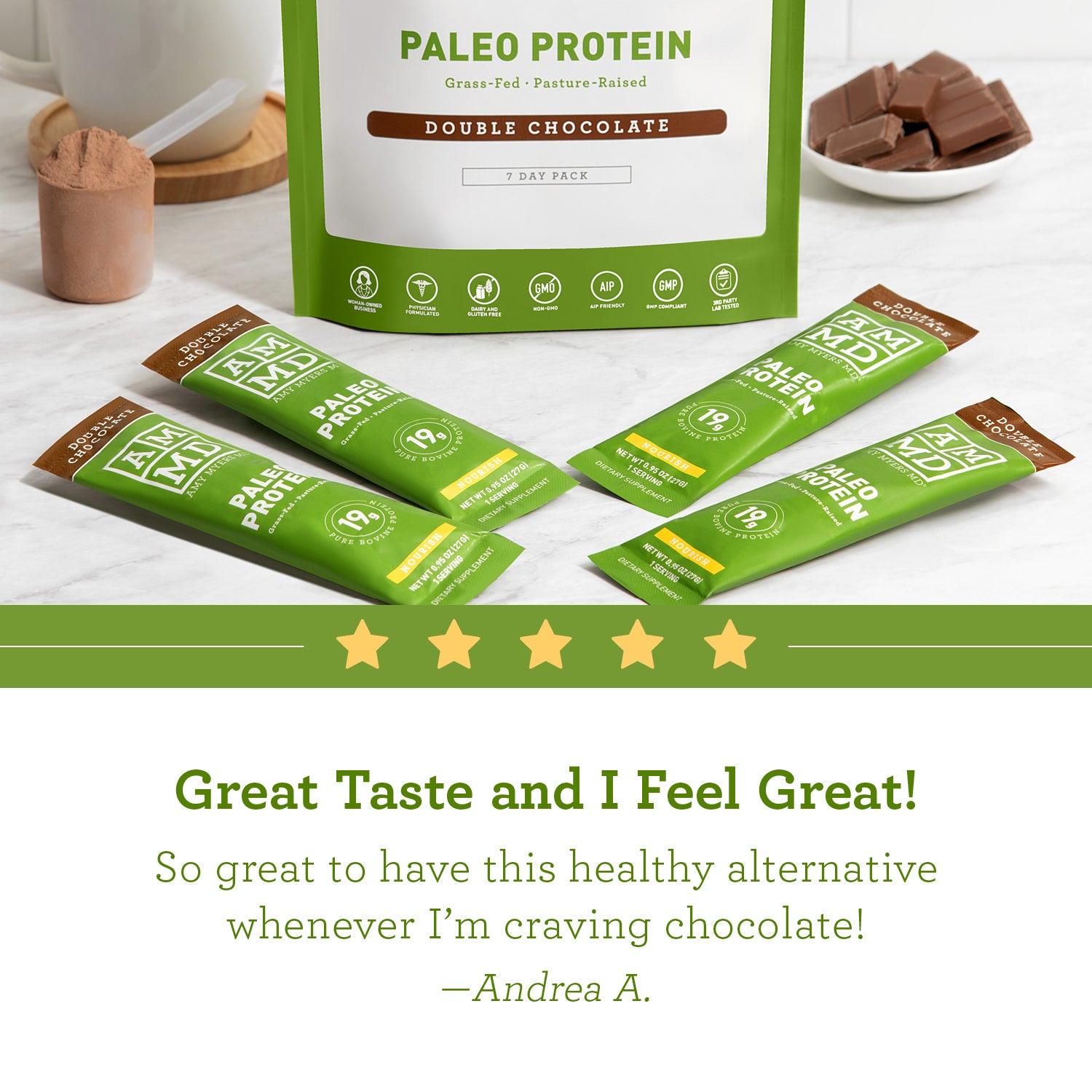 A pouch of Paleo Protein - Double Chocolate 7 Day Pack with single serving packets - Review Image - Amy Myers MD