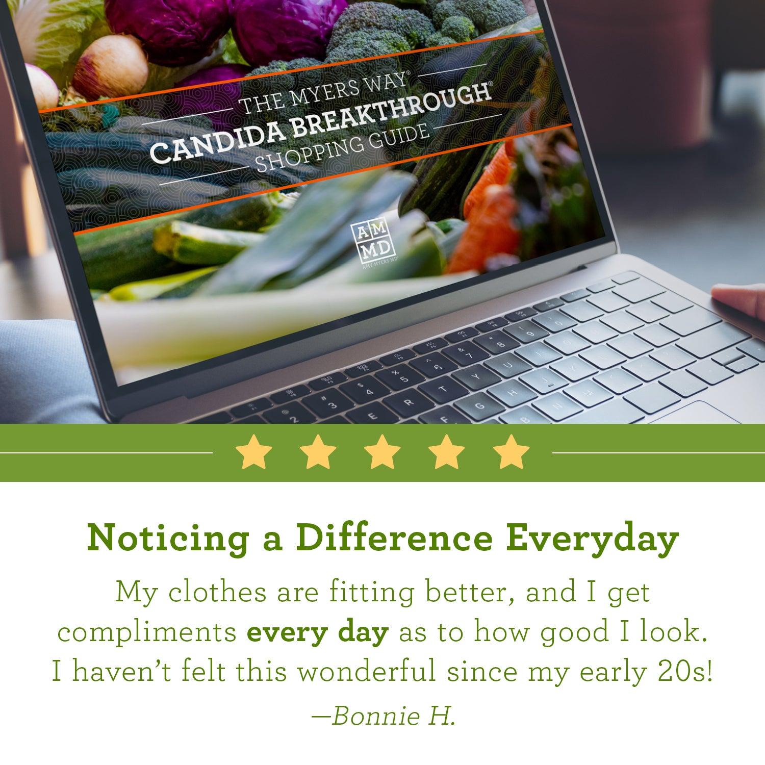Review - A Woman views the Candida Breakthrough Program Shopping Guide on a laptop computer - Amy Myers MD®