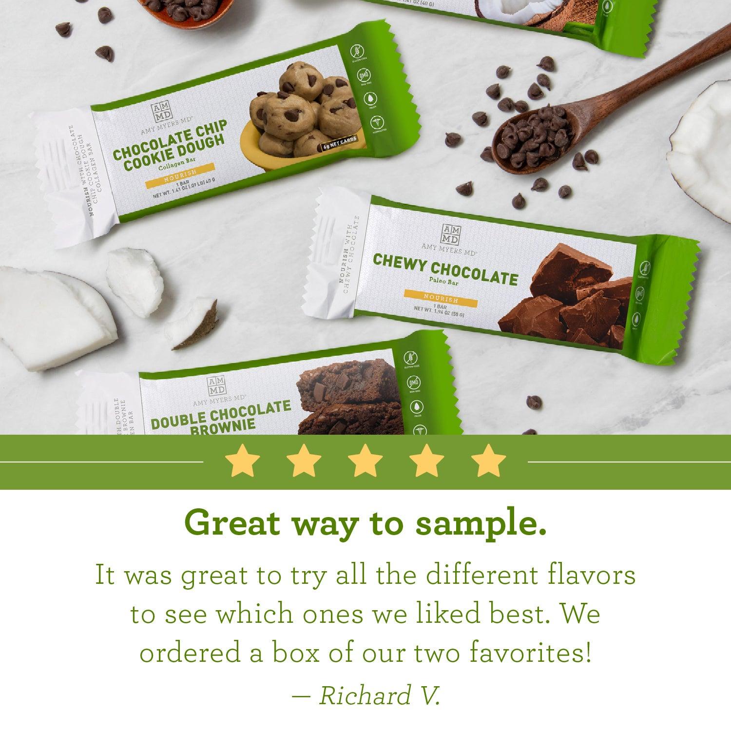 Top half of the image features 4 Bar Sampler Pack sitting on a kitchen counter. A green banner with 5 yellow stars runs across the center of the image. The bottom half contains the following review: “Great Way to Sample. It was great to try all the different flavors to see which ones we liked best. We ordered a box of our two favorites! - Richard V.”