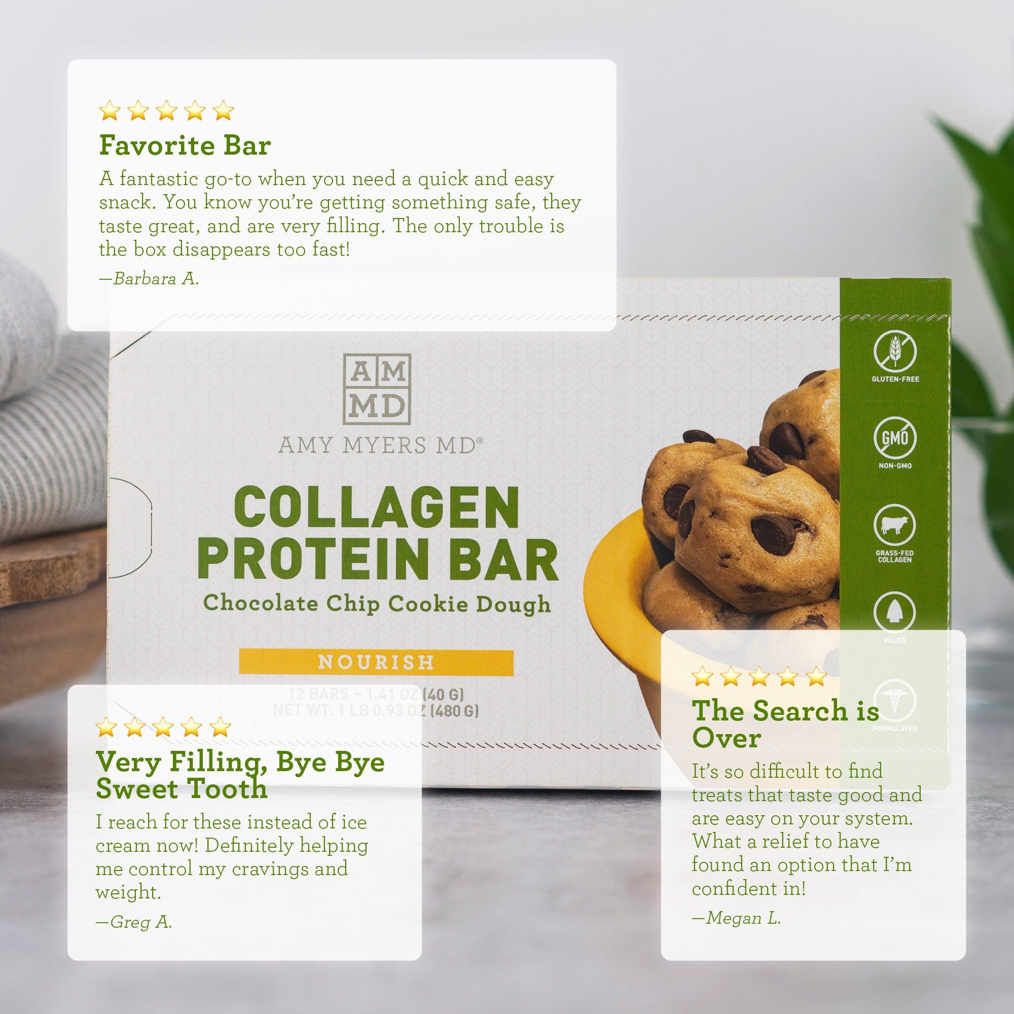 A box of Cookie Dough Collagen Bars with reviews - Reviews Image - Amy Myers MD®