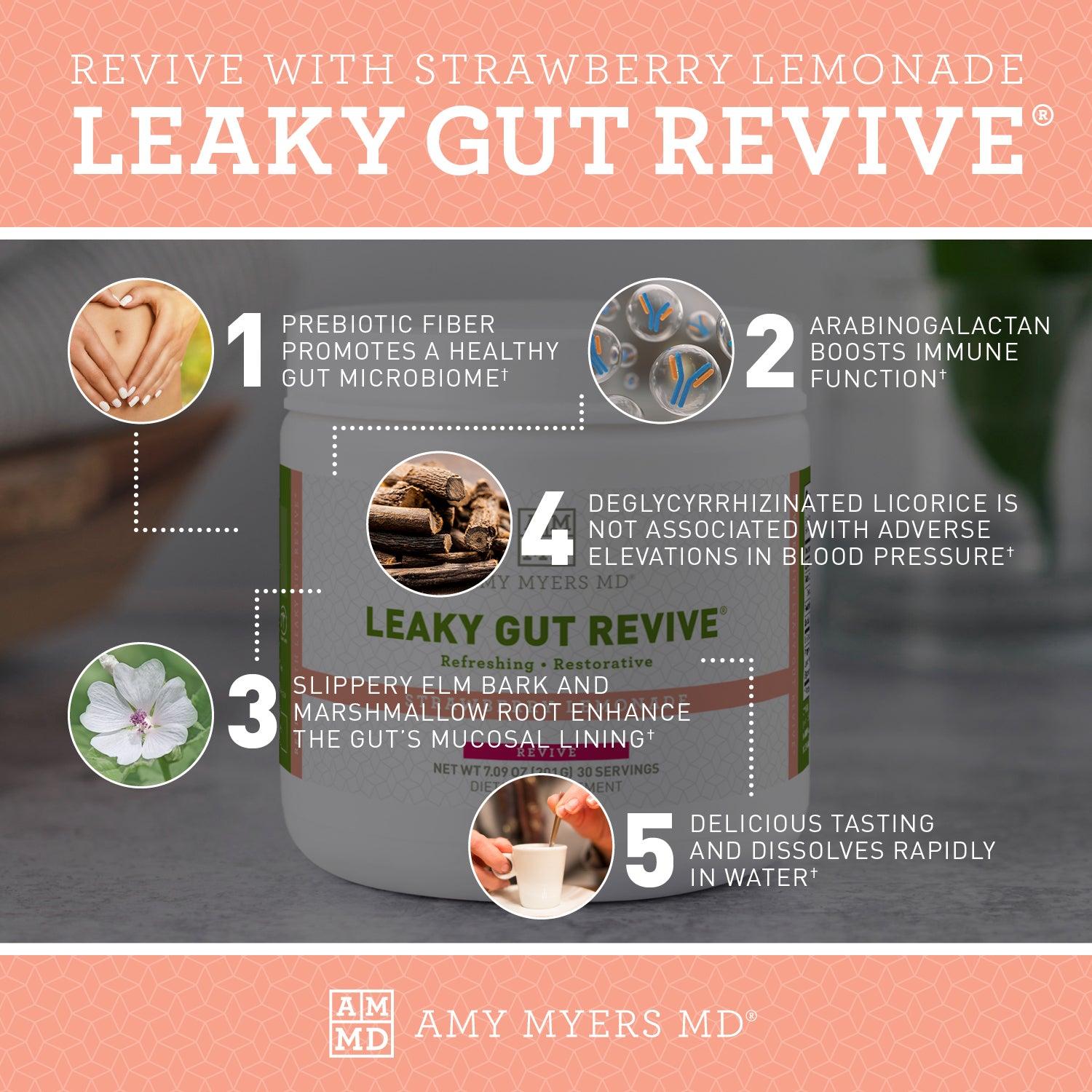Leaky Gut Strawberry Lemonade 7 Day Pack - Prebiotic fiber, arabinogalactan, deglycyrrhizinated licorice, slippery elm bark, and marshmallow root - Infographic - Amy Myers MD