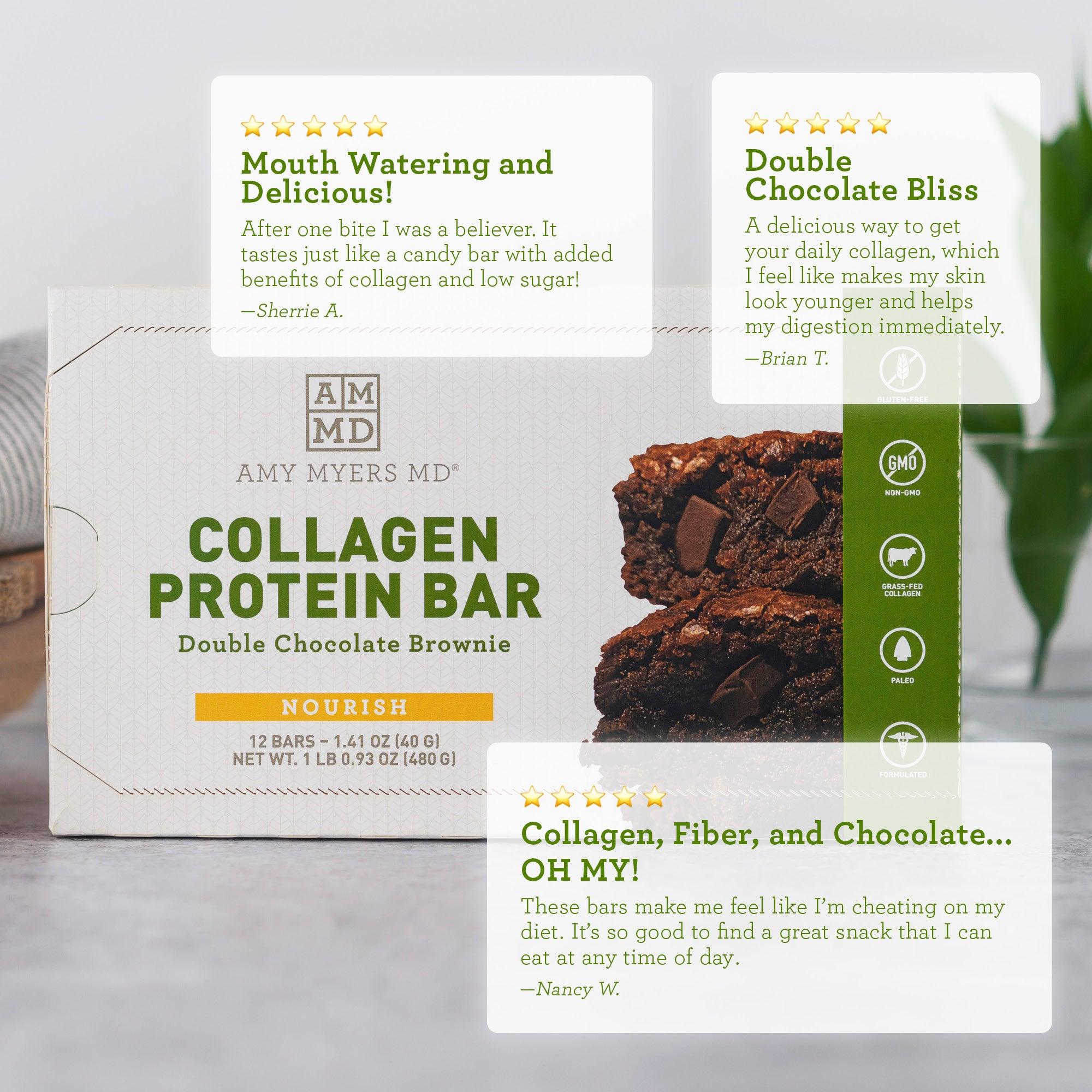 A box of Double Chocolate Brownie Collagen Bars with reviews - Reviews Image - Amy Myers MD®