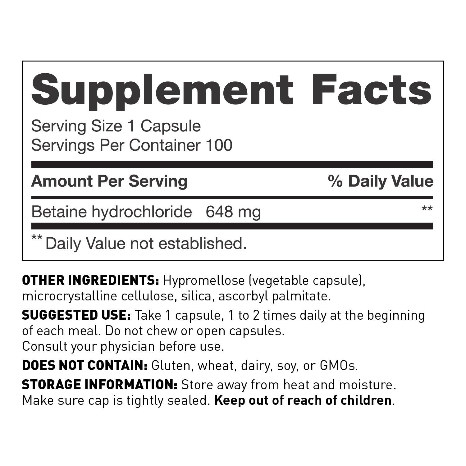 Betaine Hydrochloride (HCL) supplement, 100 capsules - Nutrition Facts - Amy Myers MD®