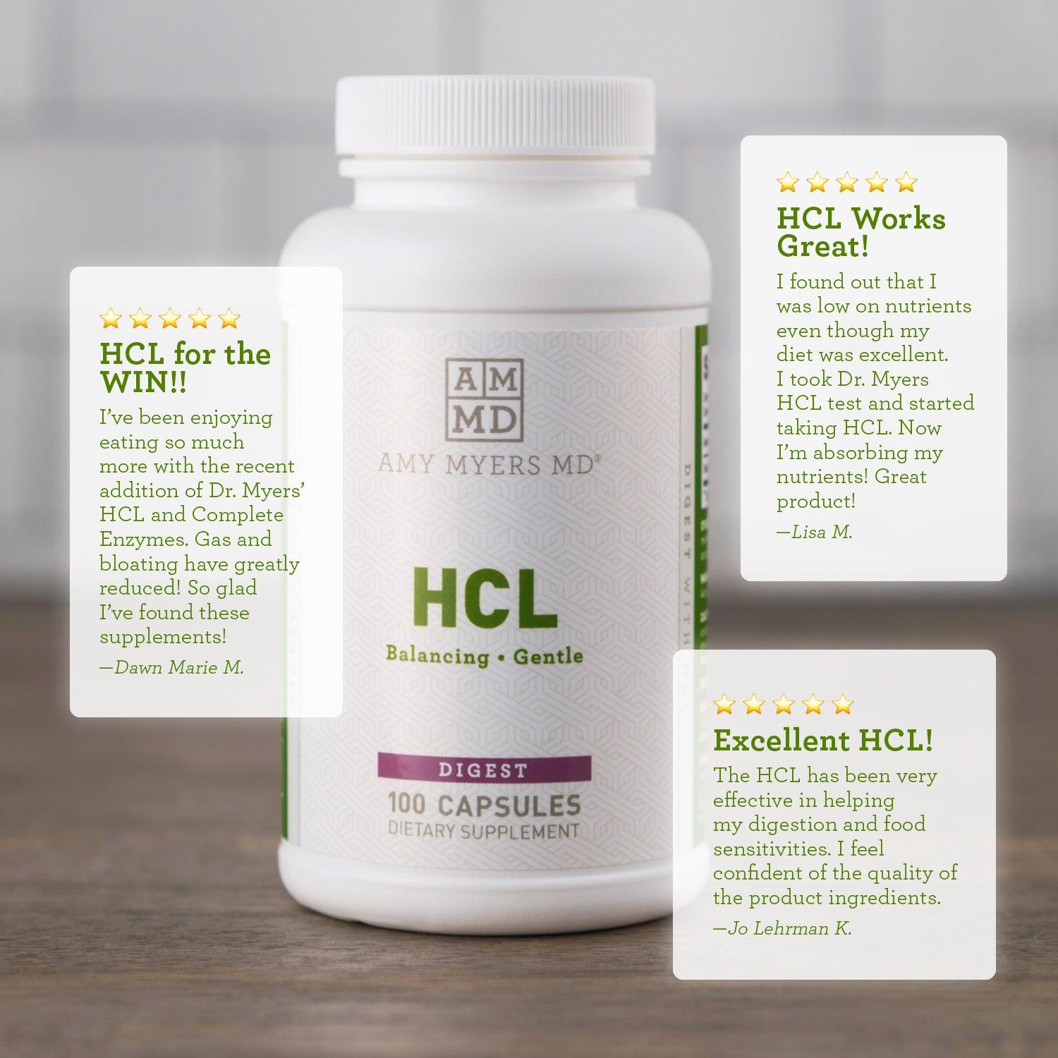 A bottle of HCL (Betaine Hydrchloride) Supplement on a tabletop with reviews - Reviews Image - Amy Myers MD®