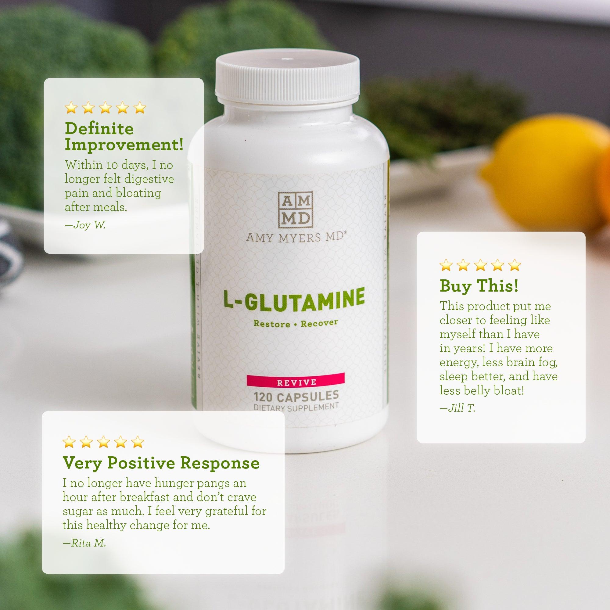 A bottle of L-Glutamine capsules on a tabletop with reviews - Reviews Image - Amy Myers MD®