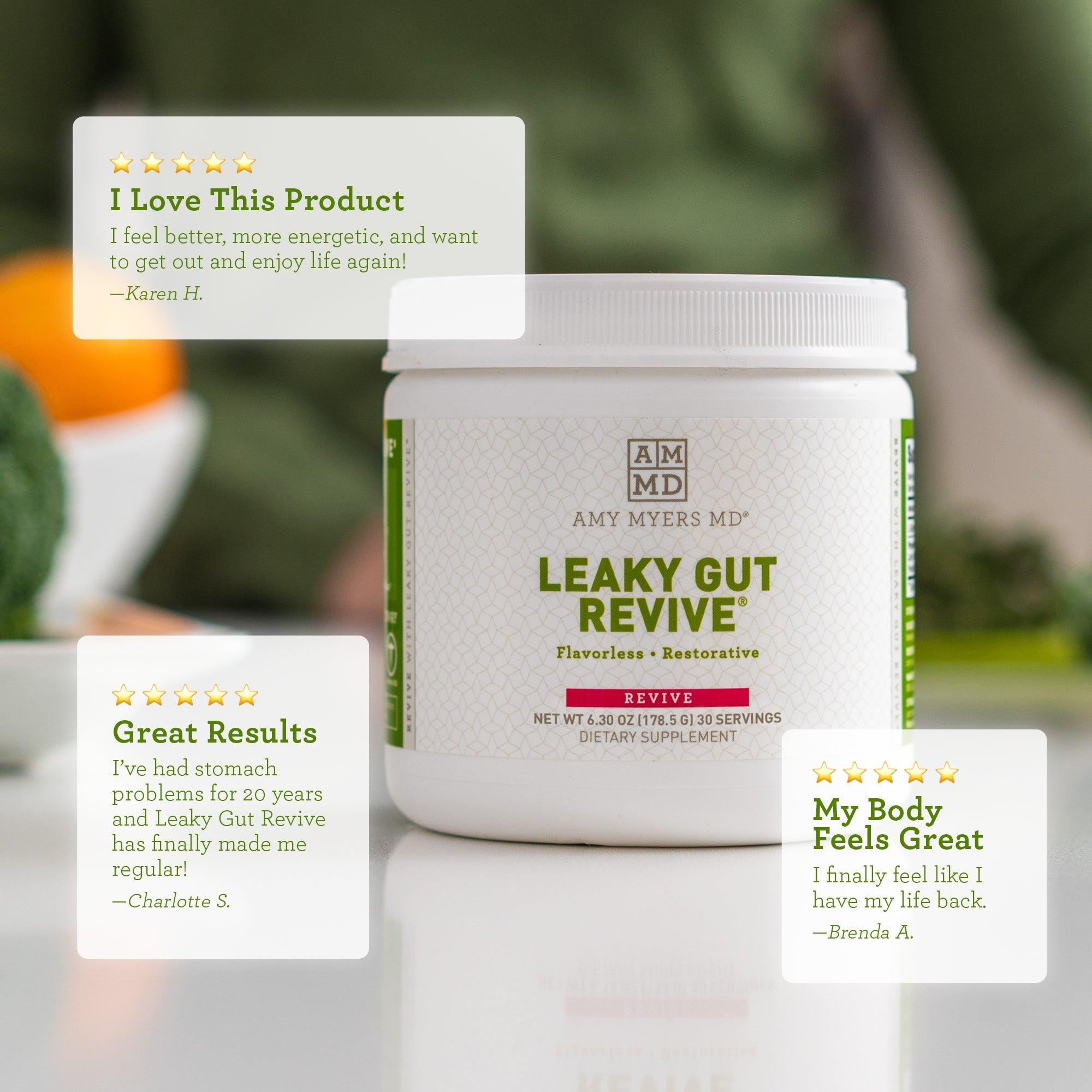 A bottle of Leaky Gut Revive on a tabletop with reviews - Reviews Image - Amy Myers MD®