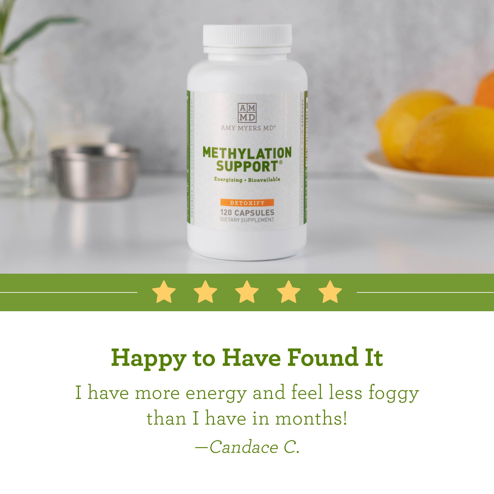 A bottle of Methylation Support supplement capsules on a tabletop with reviews - Reviews Image - Amy Myers MD®