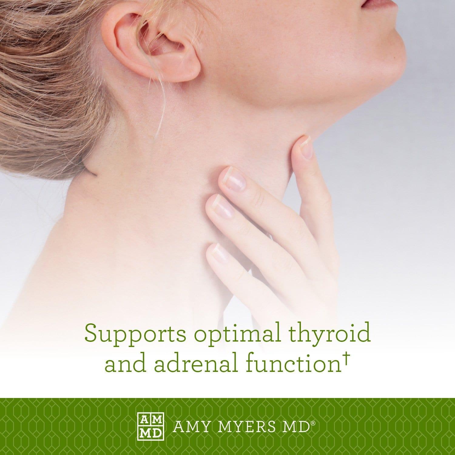 Woman feeling her neck - The Myers Way® Multivitamin supports optimal thyroid and adrenal function - Amy Myers MD®