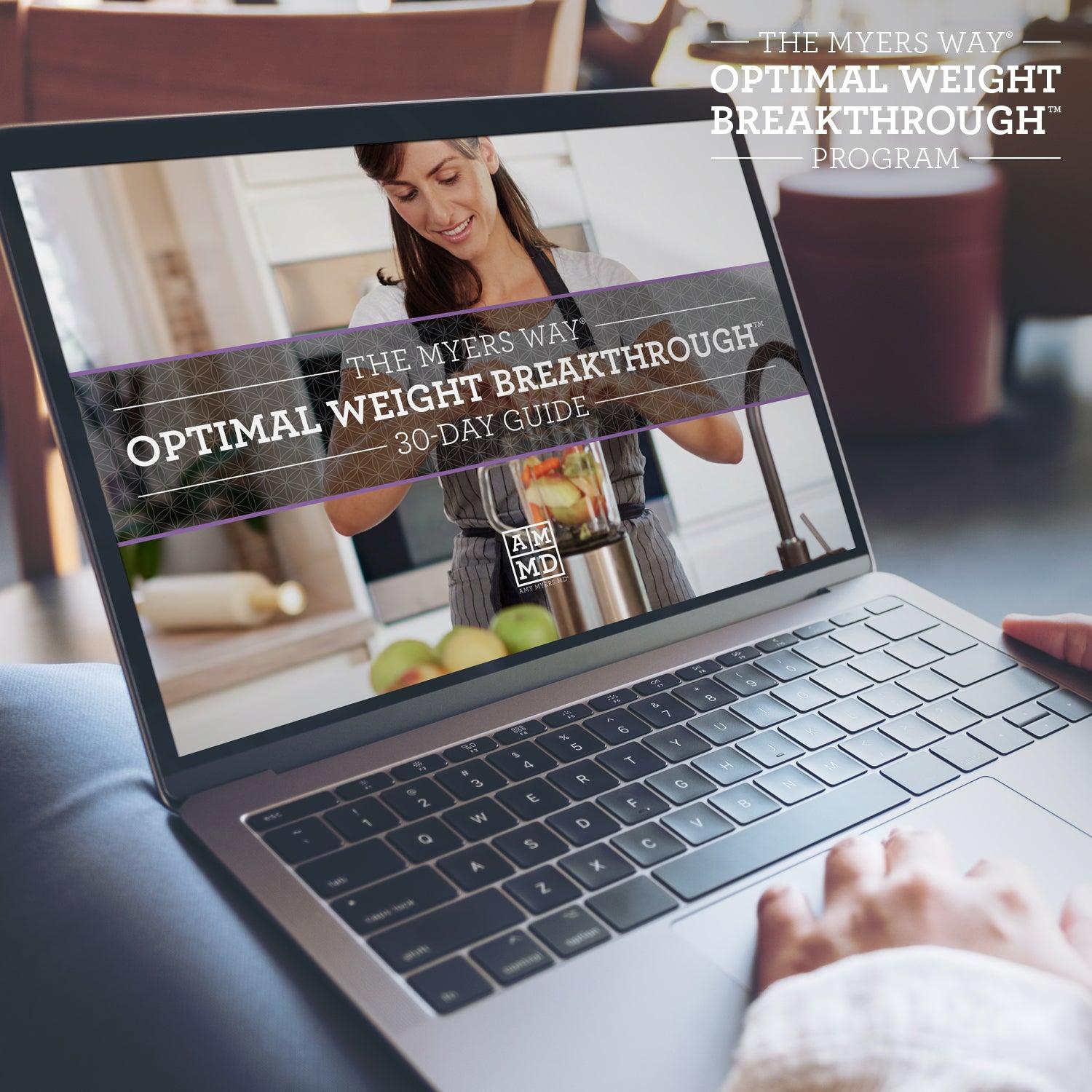 A Woman views the Upgraded Optimal Weight Breakthrough Program 30-Day Guide on a laptop computer - Amy Myers MD®