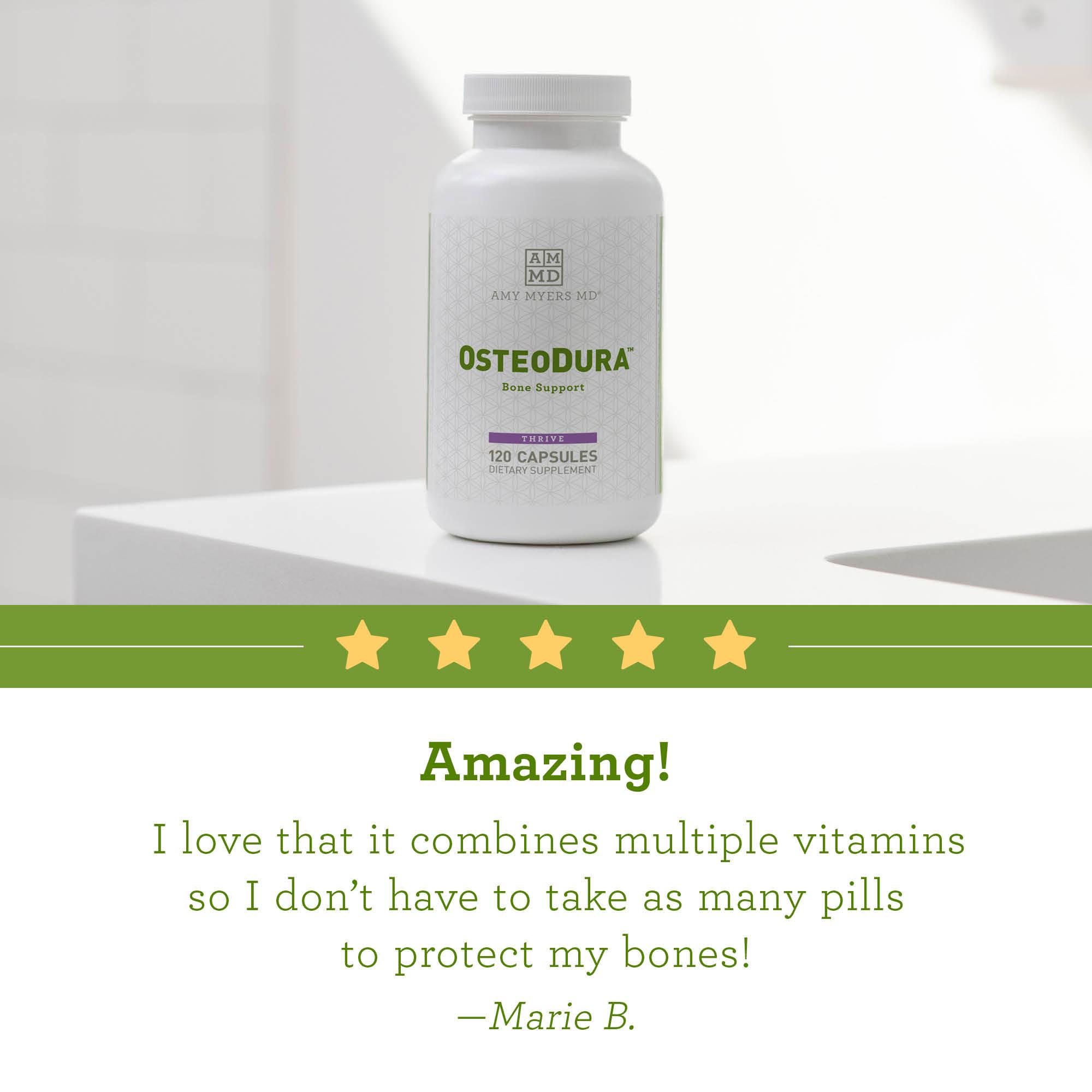 A bottle of OsteoDura™ on a table top with reviews - Reviews Image - Amy Myers MD®