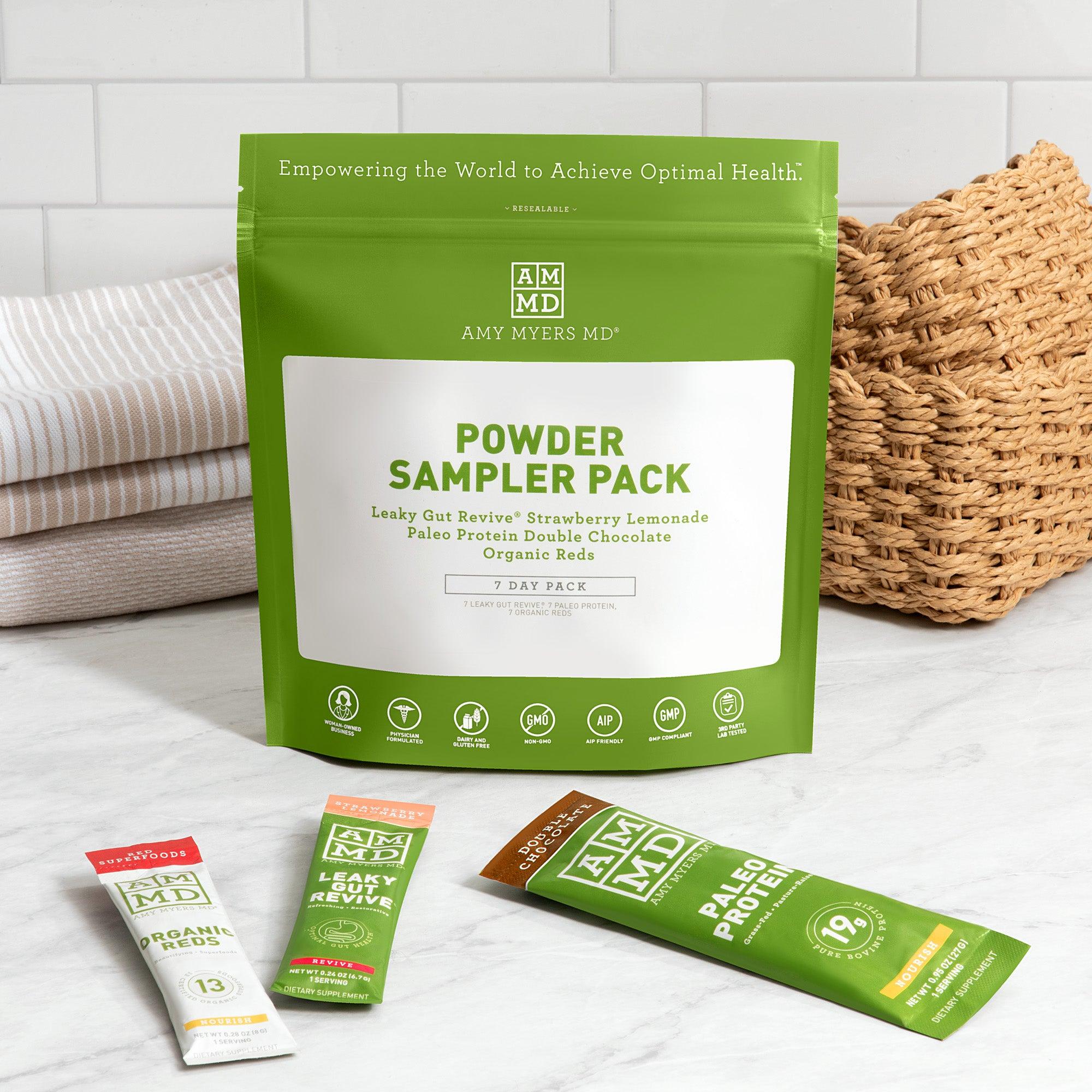 A pouch of Powder Sampler Pack - with single serve packets of Organic Reds, Leaky Gut Revive, Paleo Protein Double Chocolate - Featured Image - Amy Myers MD