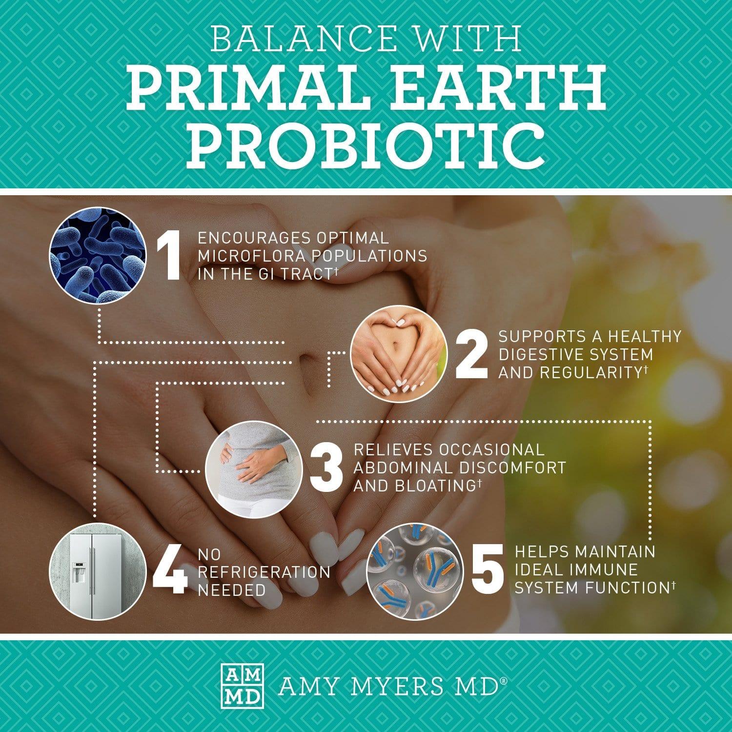 5 features of our Primal Earth™ Probiotic to help you maintain balance  - Infographic - Amy Myers MD®