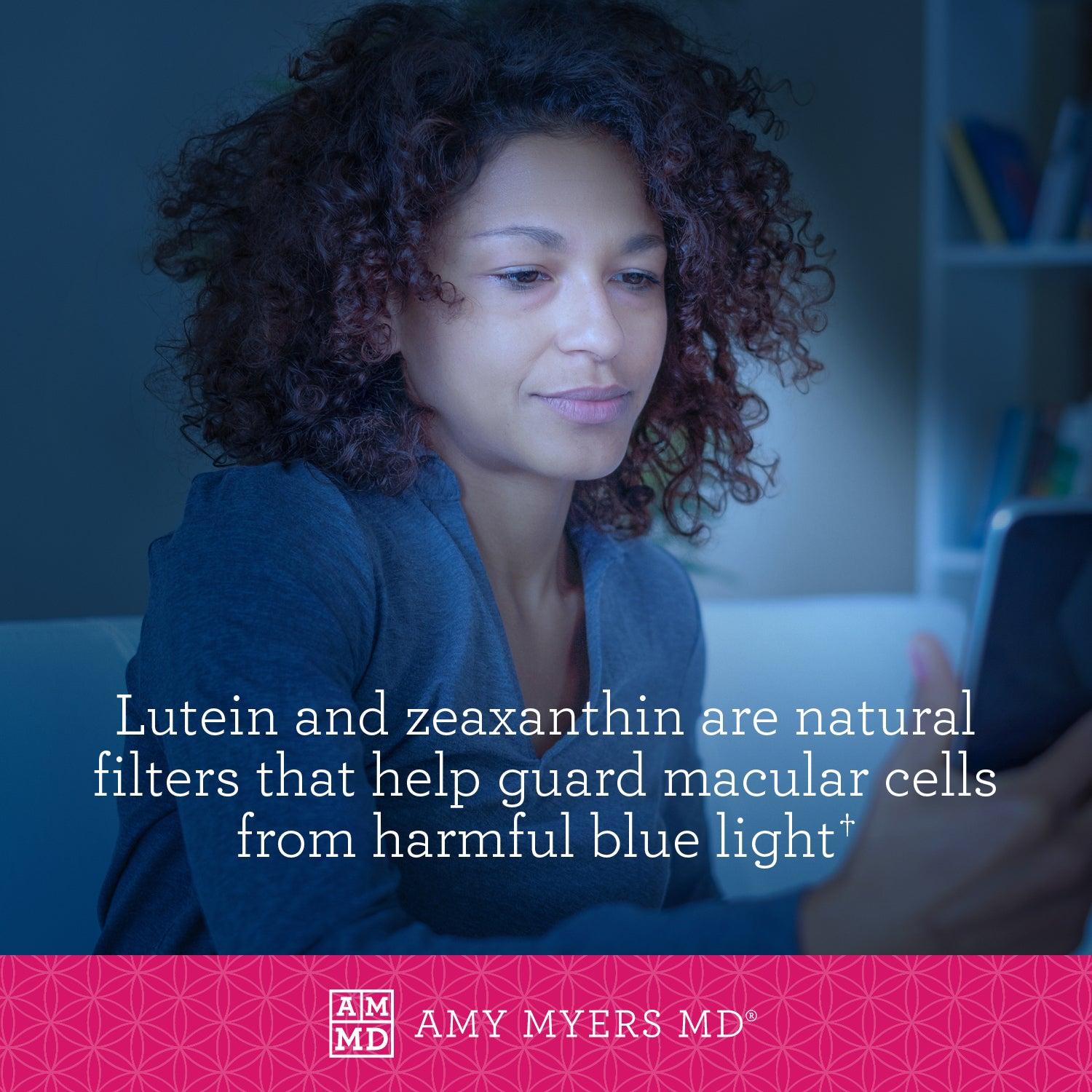 Woman reading her phone  Lutein and zeaxanthin help guard from harmful blue light - Amy Myers MD®