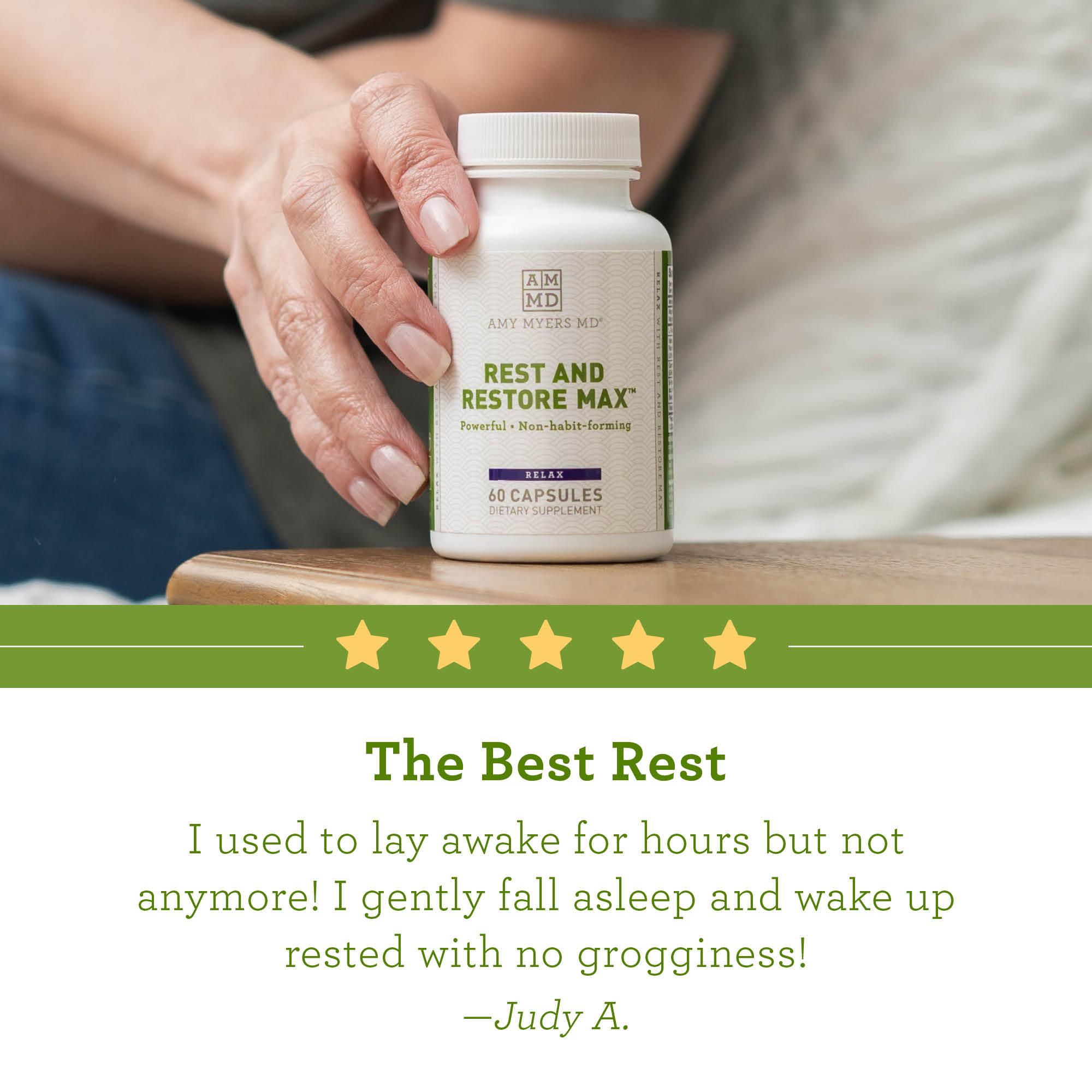 A woman holding a bottle of Rest and Restore™ Supplement on a nightstand with some reviews - Reviews Image - Amy Myers MD®