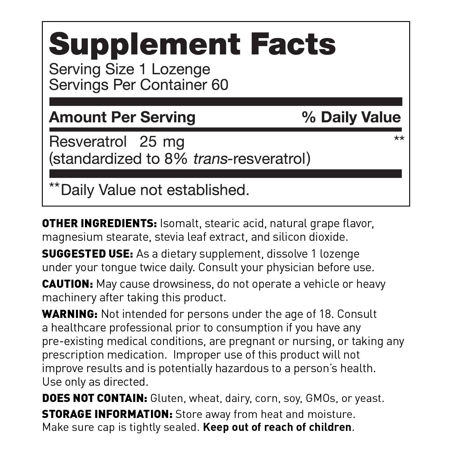 Resveratrol organic supplement, 60 sublingual tablets - supplement facts - Amy Myers MD®