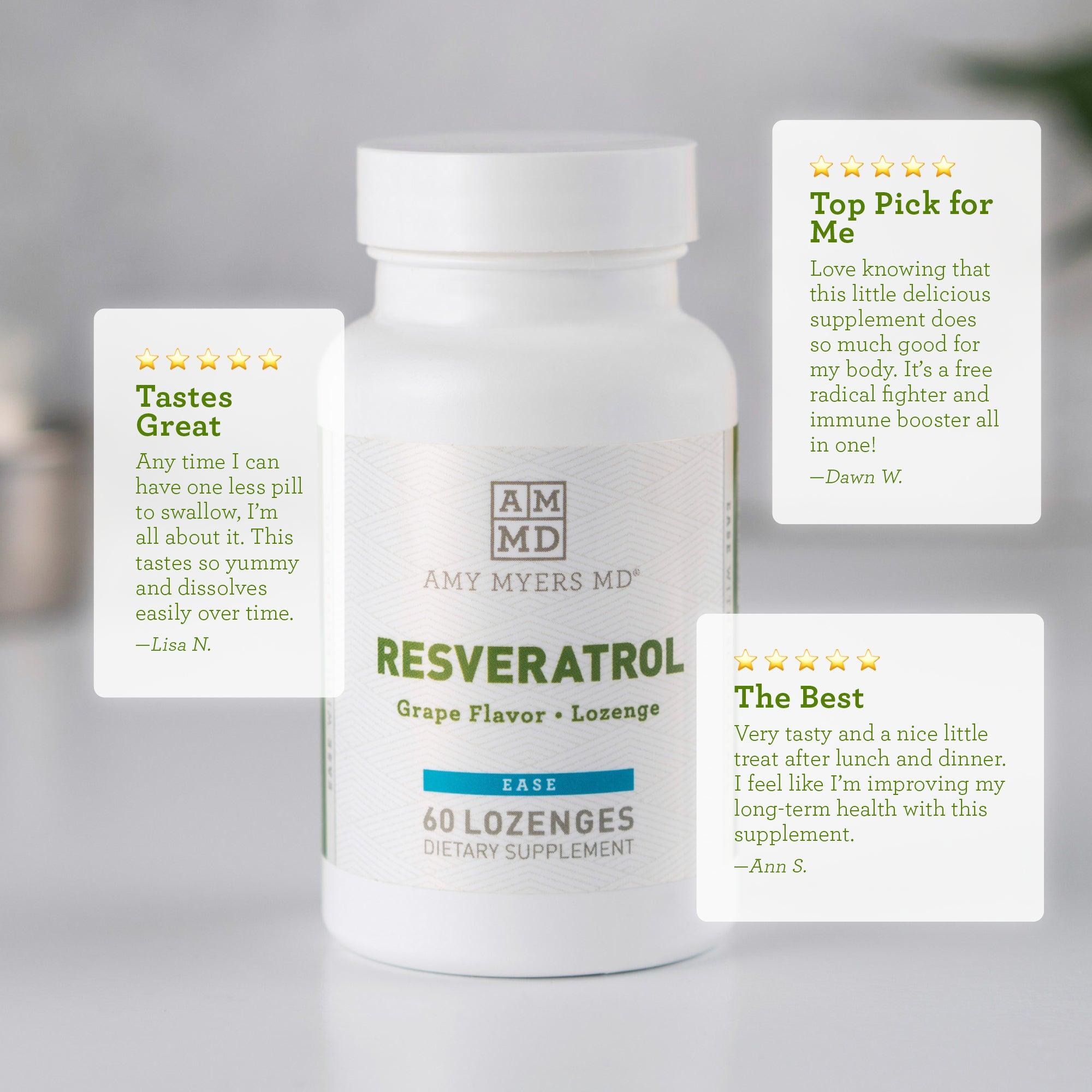 A bottle of Resveratrol Supplement on a tabletop with reviews - Reviews Image - Amy Myers MD®