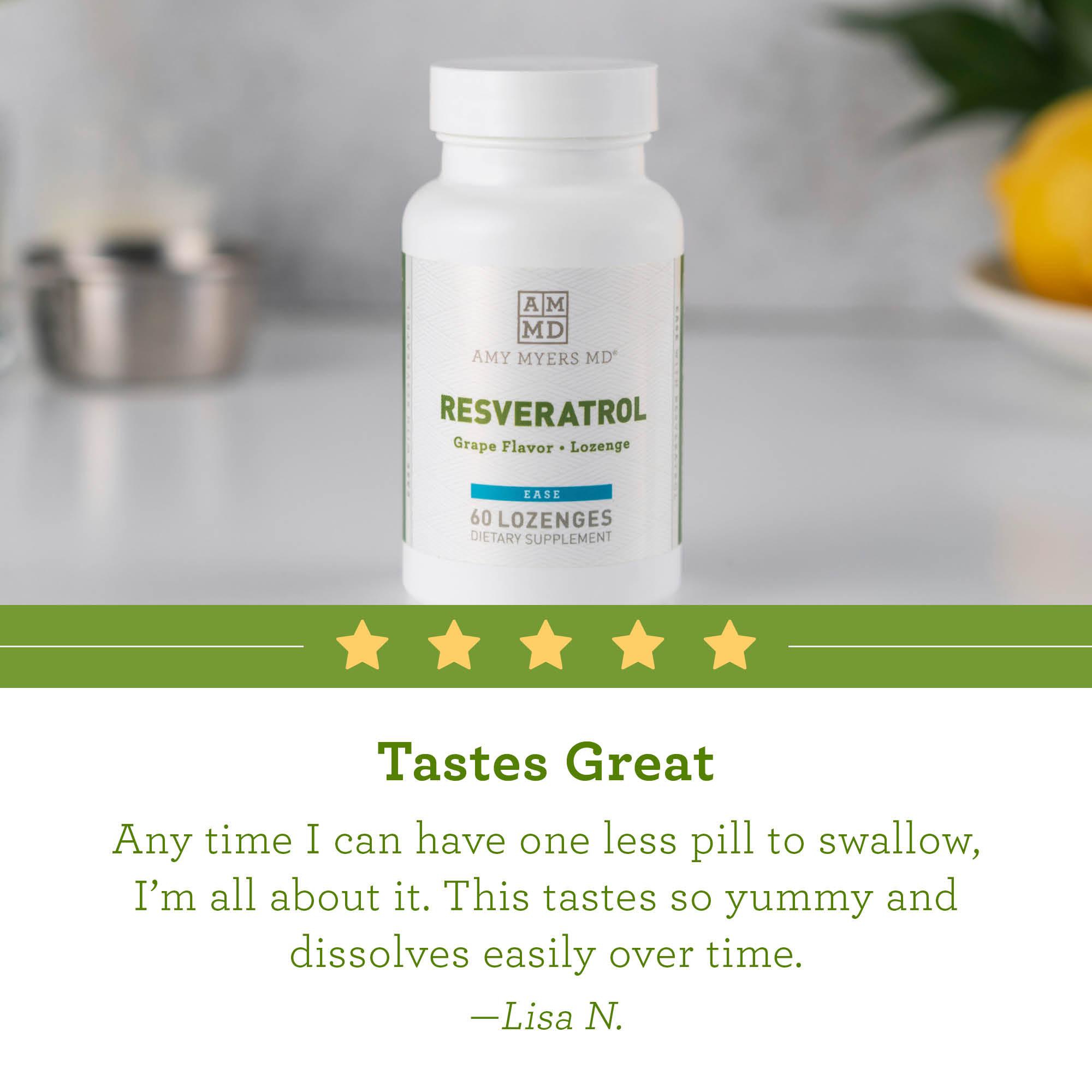 A bottle of Resveratrol Supplement on a tabletop with reviews - Reviews Image - Amy Myers MD®