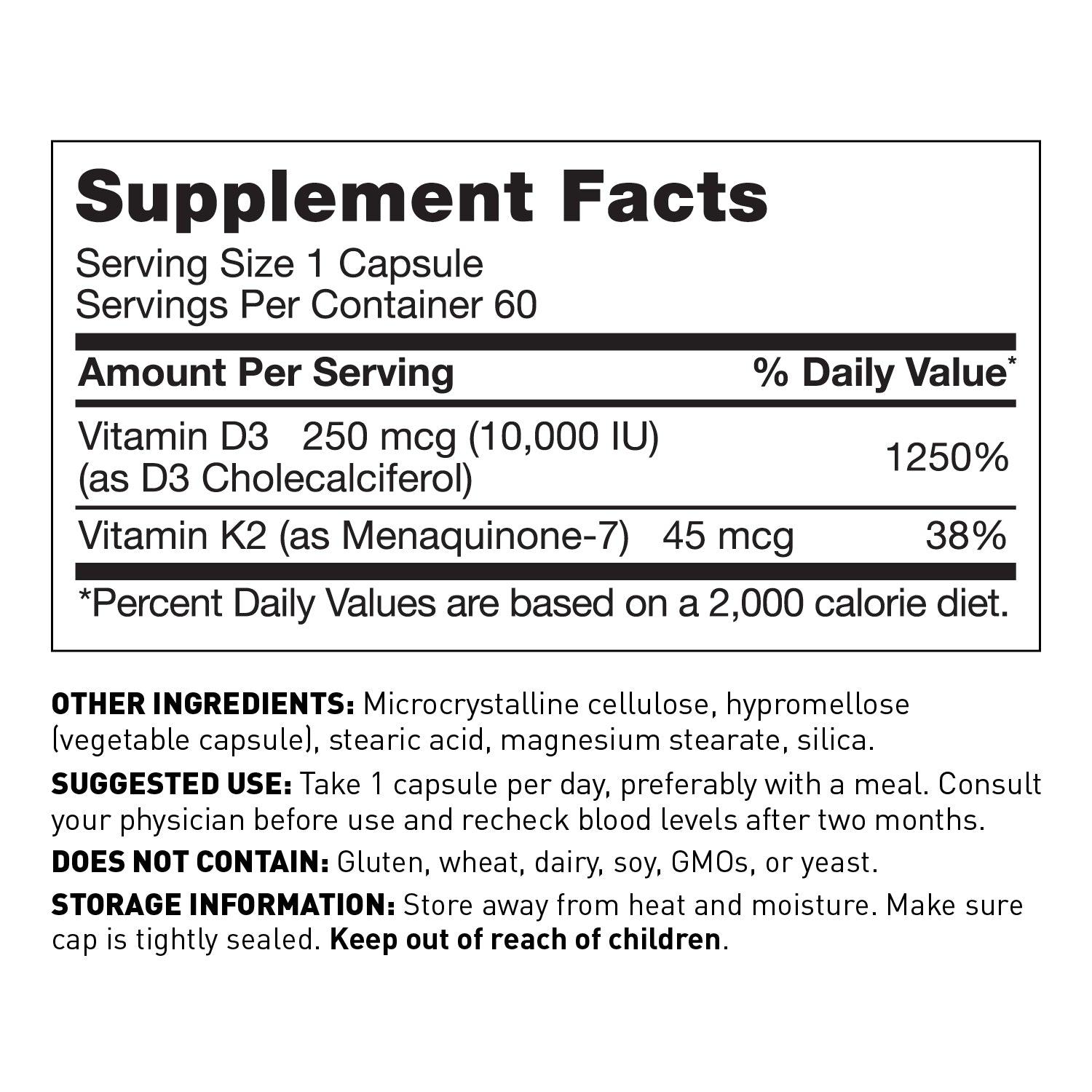 Vitamin D3 10000 IU with K2, 60 capsules - supplement facts - Amy Myers MD®