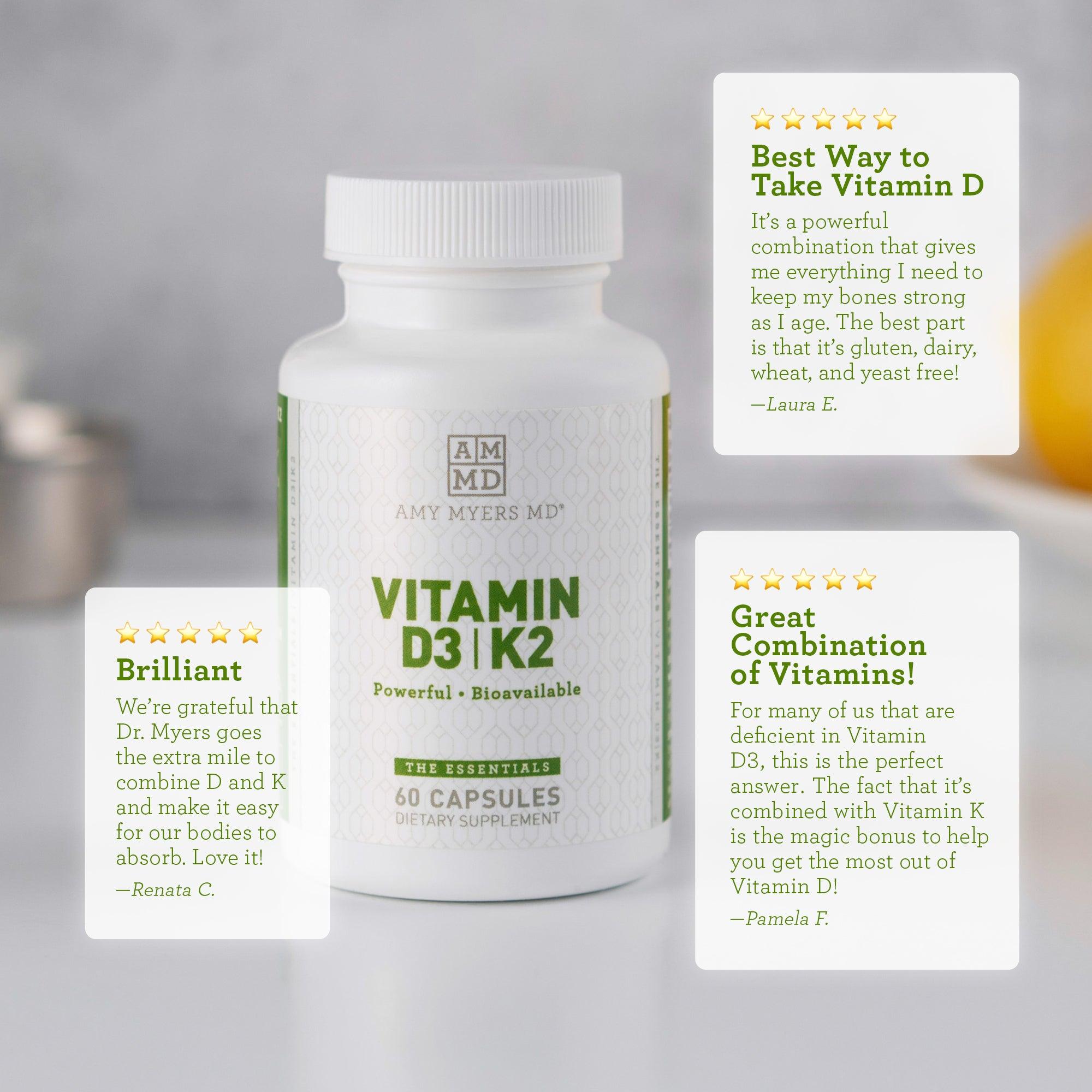 A bottle of Vitamin D3/K2 Capsules Supplement on a tabletop with reviews - Reviews Image - Amy Myers MD®