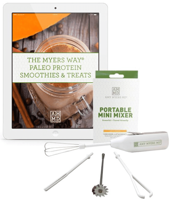 The Myers Way® Paleo Protein Smoothies & Treats next to a portable mini mixer