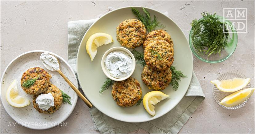 Salmon cakes on a plate - Paleo Salmon Cakes - Amy Myers MD®