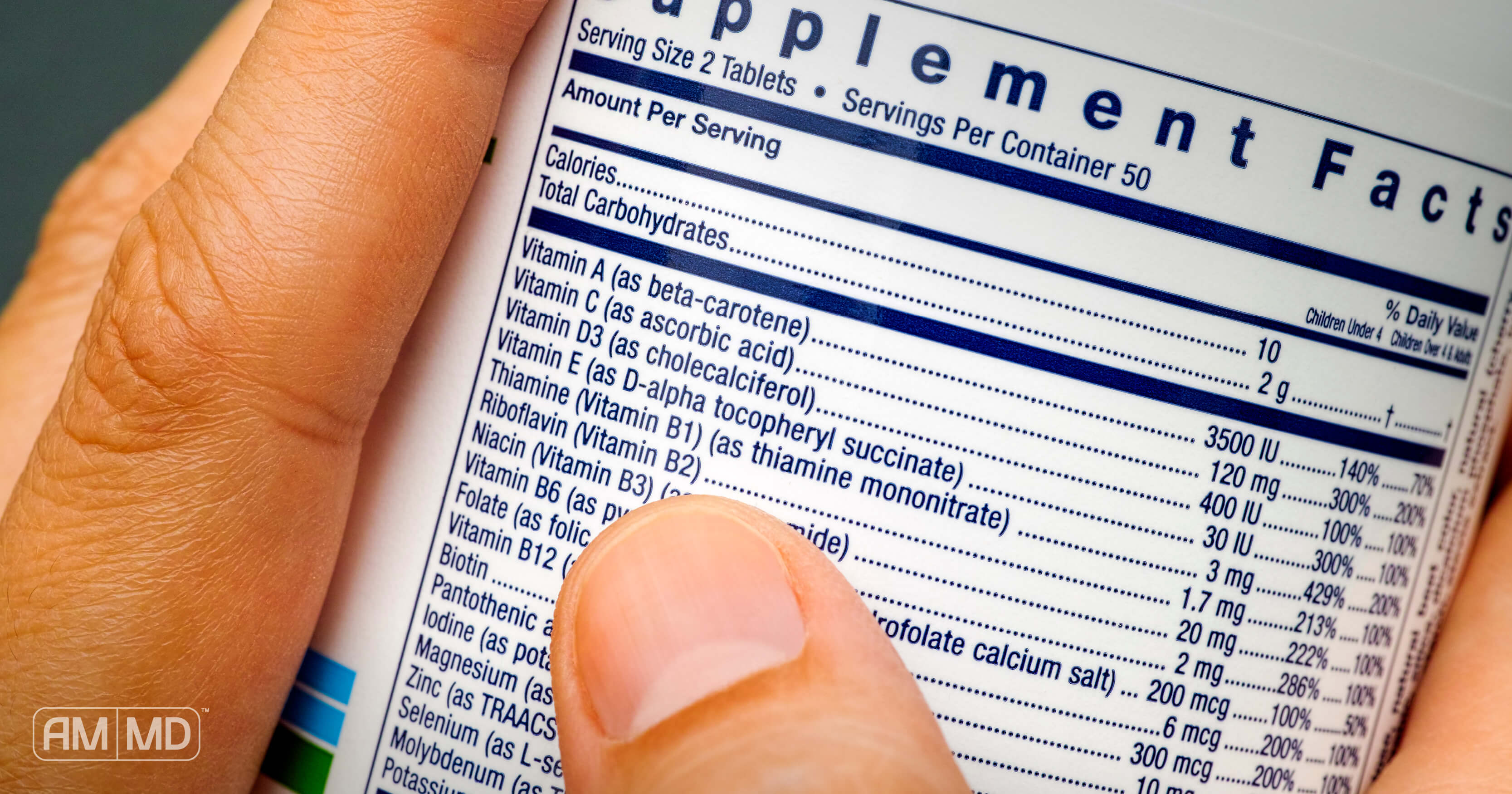Nutrition Test: Are Your Vitamin Levels Optimal? Picture of Supplement Facts Panel on a bottle with a hand holding it. 
