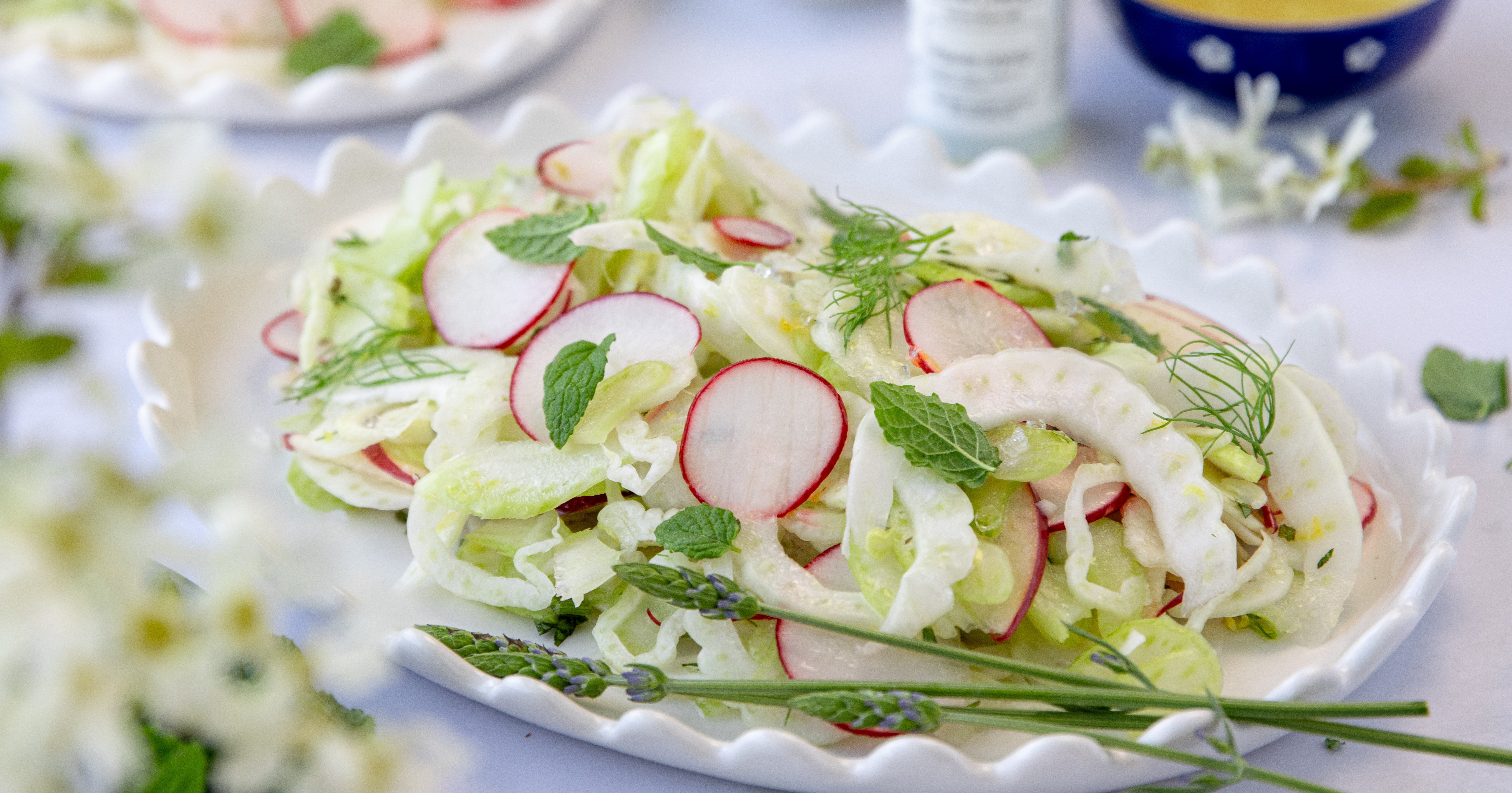 Close-up of fennel and celery salad with radishes, apple slices, dill, mint, and bright lemon vinaigrette dressing