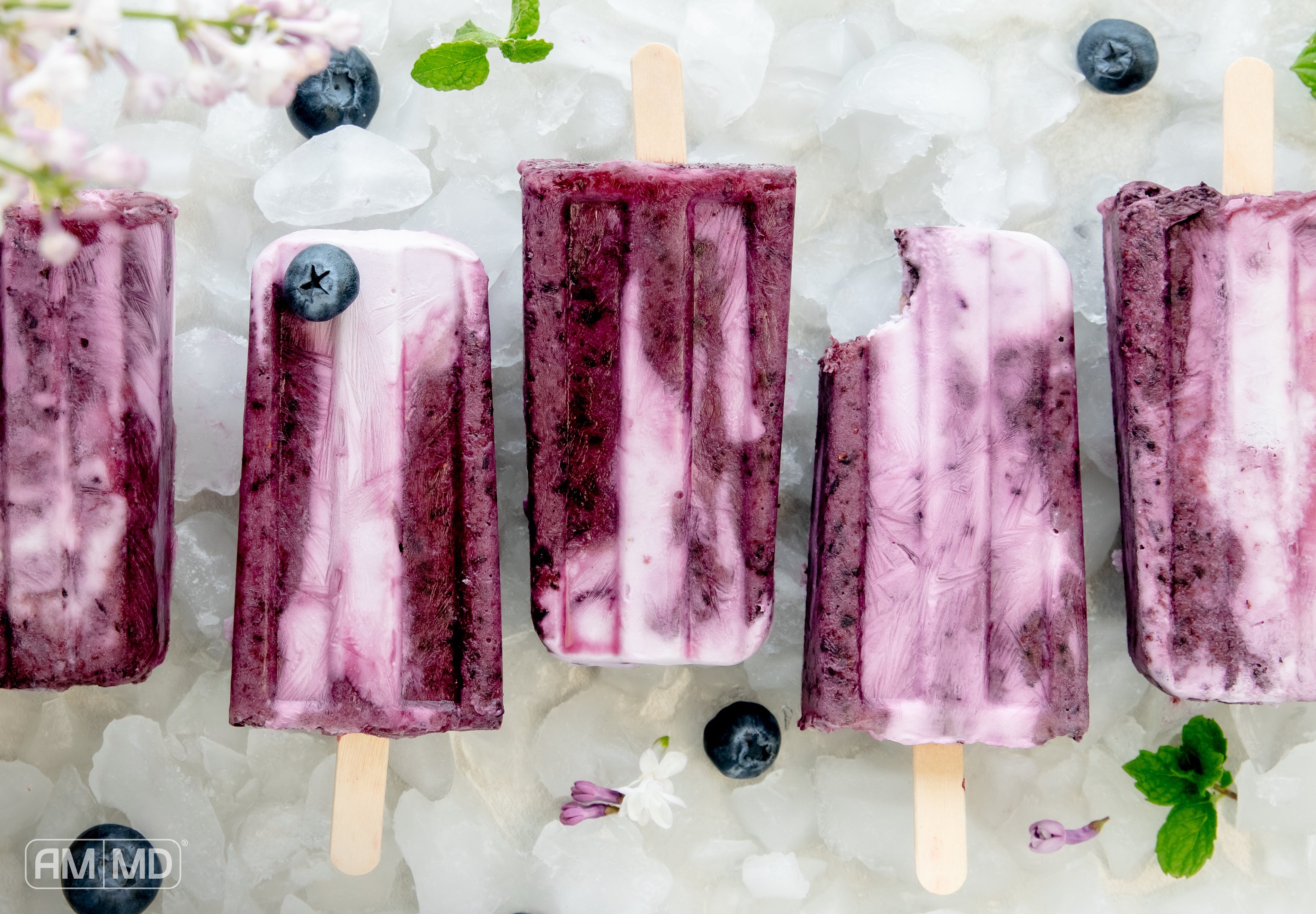 Dairy-free blueberry swirl popsicles made with coconut yogurt, blueberries, and NeuroCalm Mag magnesium powder