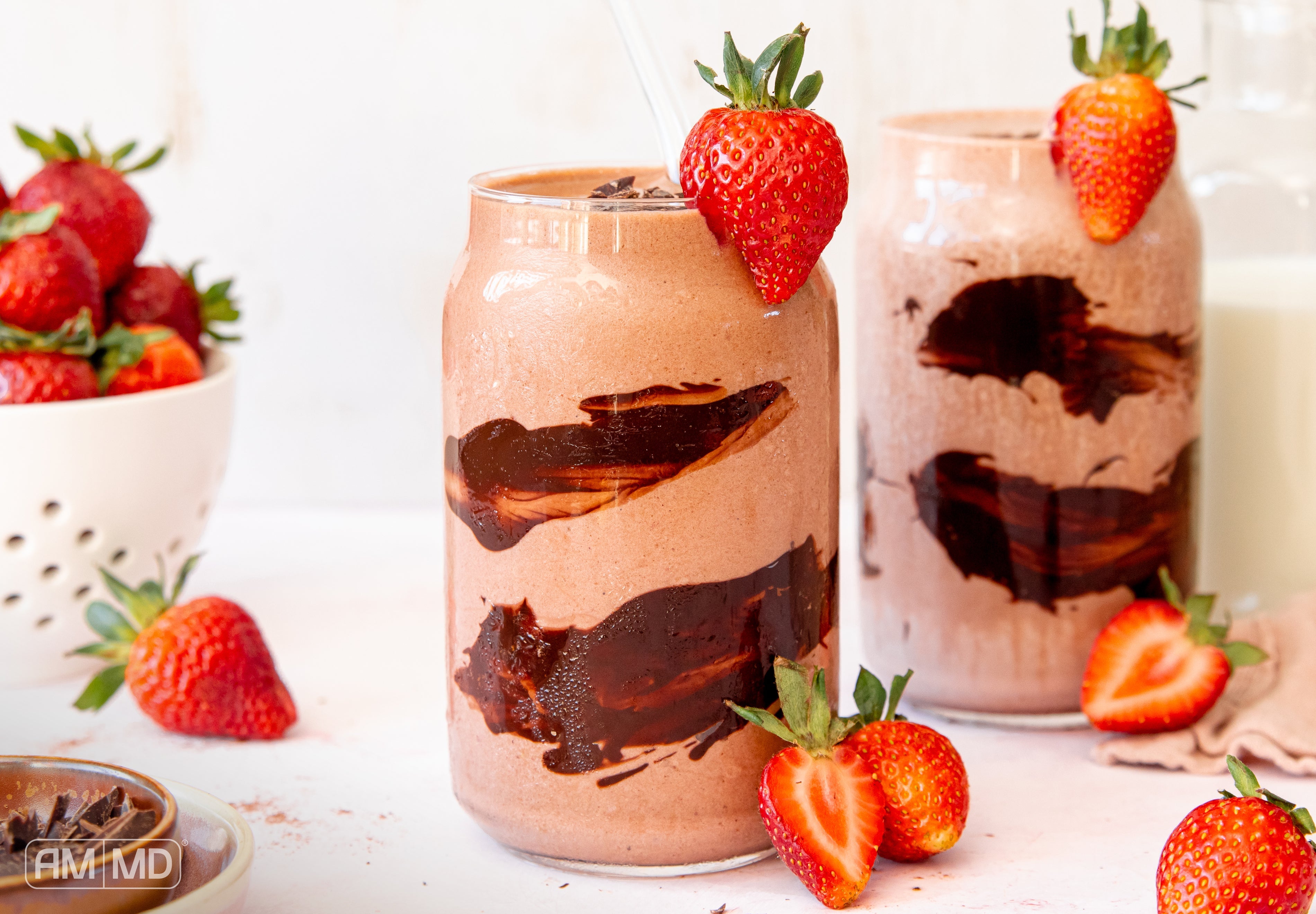 Two glasses of Chocolate Covered Strawberry Smoothie - AMMD™