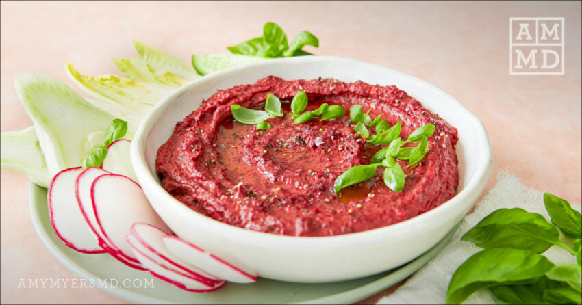 Bowl of humus with vegetables - Roasted Root Hummus - Amy Myers MD®