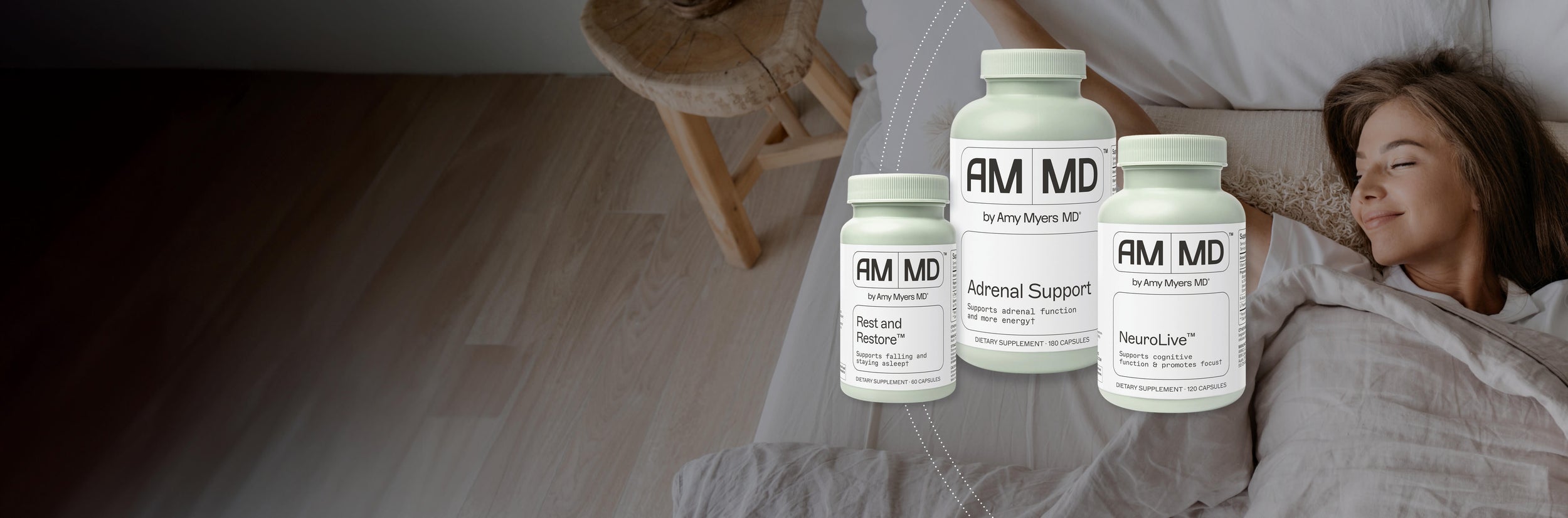 Fall Back Collection Image, highlighting products in front of a woman sleeping in bed peacefully. 