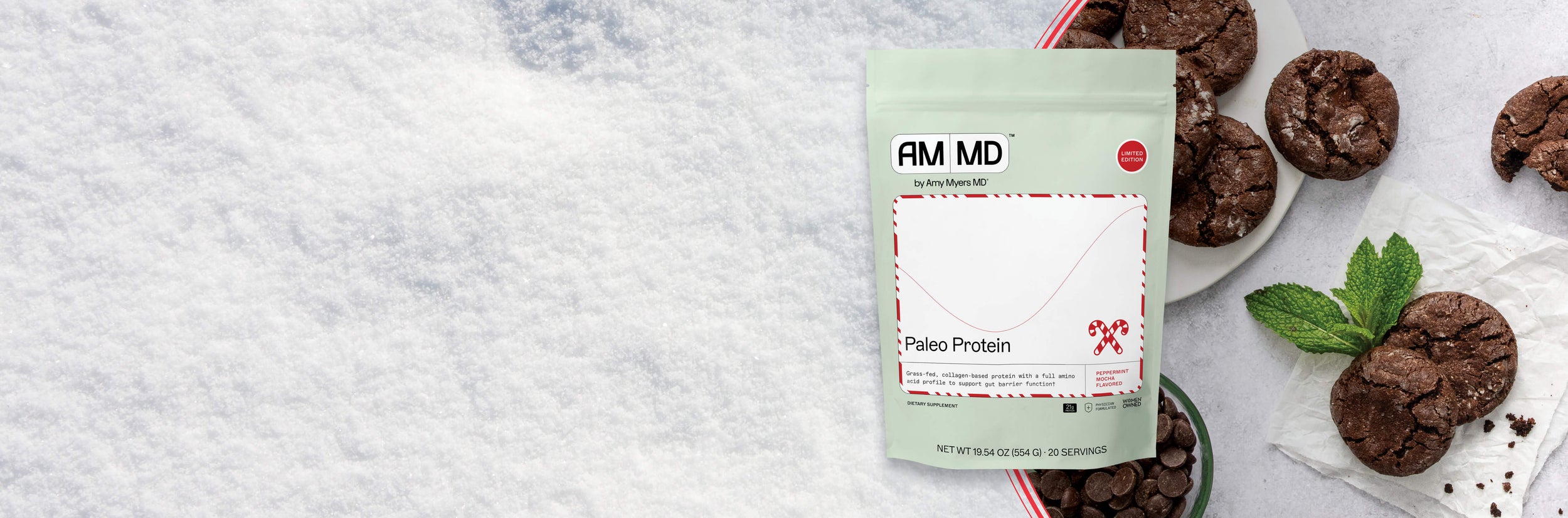 Paleo Protein Peppermint mocha hero image for the seasonal paleo protein collection including peppermint moch and pumpkin spice flavors