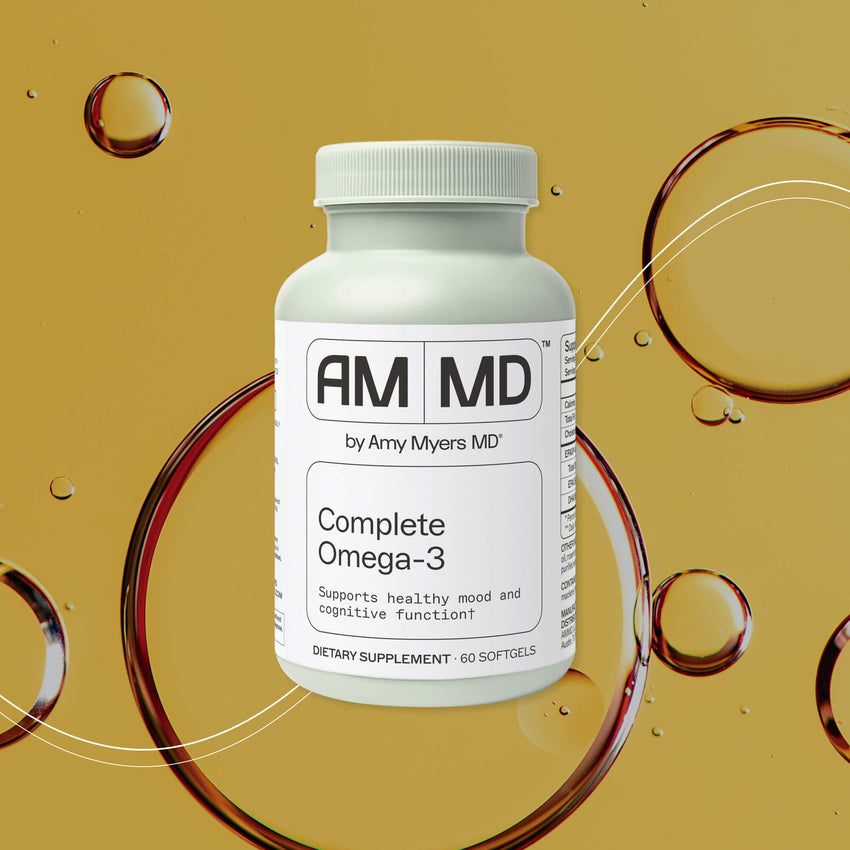 AMMD Complete Omega-3 Benefits Image of the Complete Omega-3 Softgel bottle, in front of a macro photo of Omega-3 with the AMMD Health Journey Line traveling through.