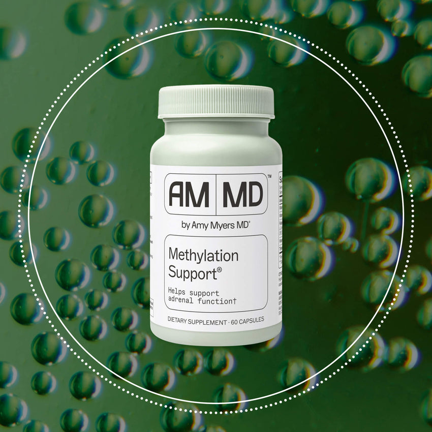 Image of Methylation Support Capsules over a textured background with geometric designs